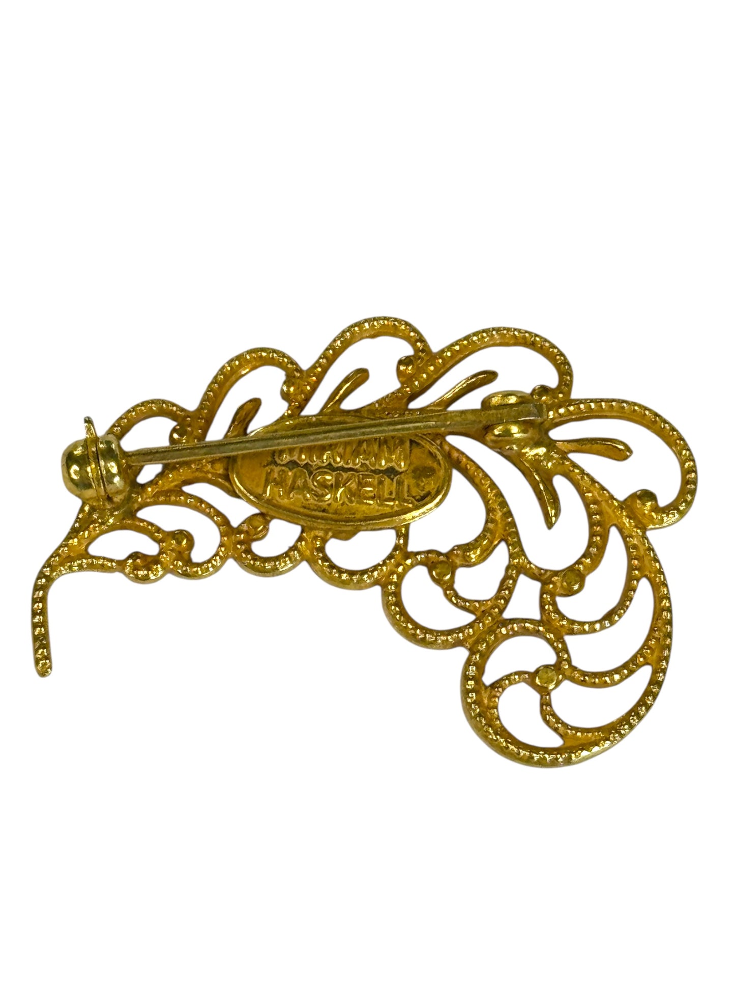 Vintage Miriam Haskell Feather Brooch – Gold-Tone Filigree Design, Signed