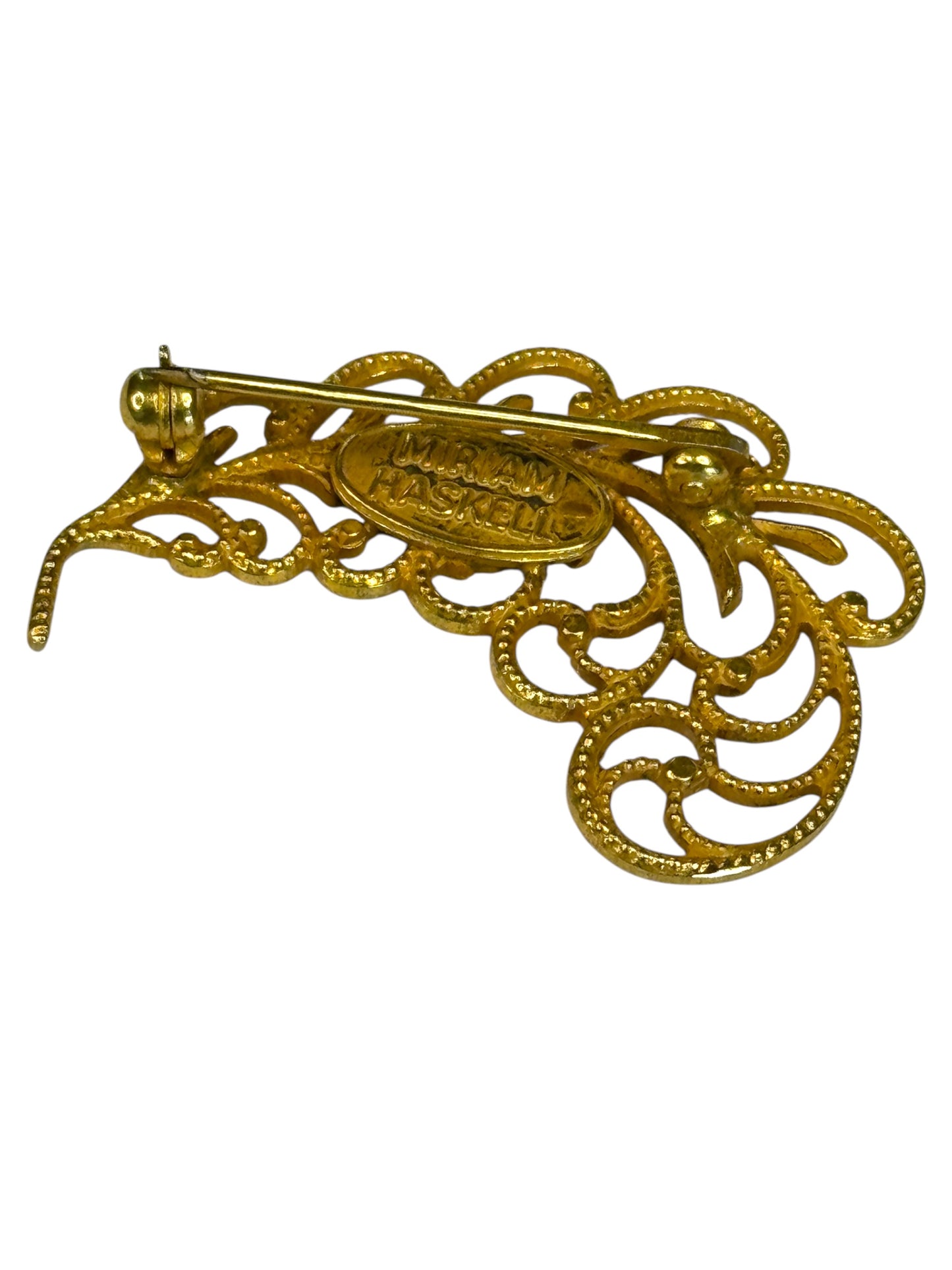 Vintage Miriam Haskell Feather Brooch – Gold-Tone Filigree Design, Signed