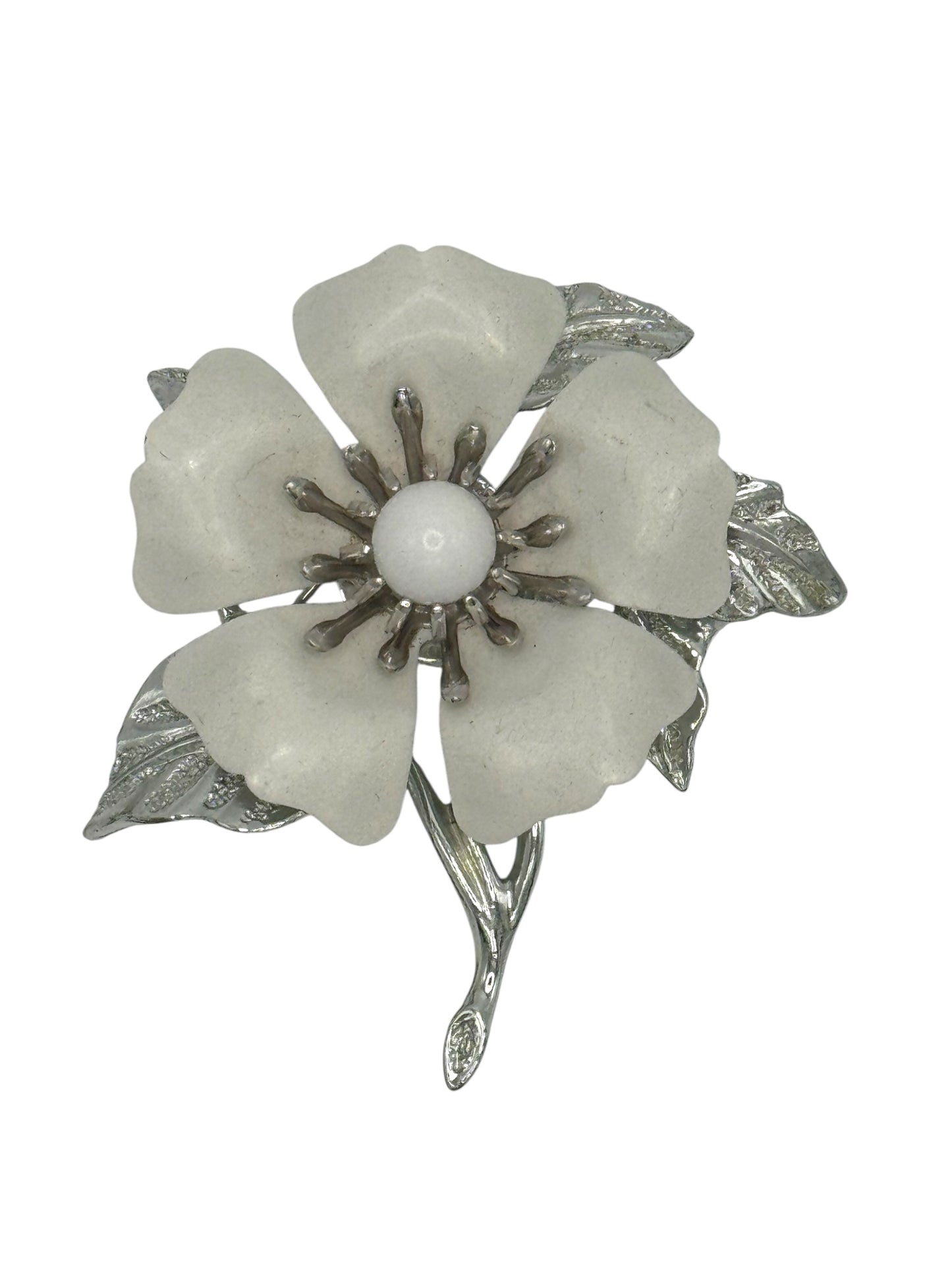 Vintage 1960s Sarah Coventry White Enamel 3D Flower Brooch & Clip-On Earrings Set – Signed