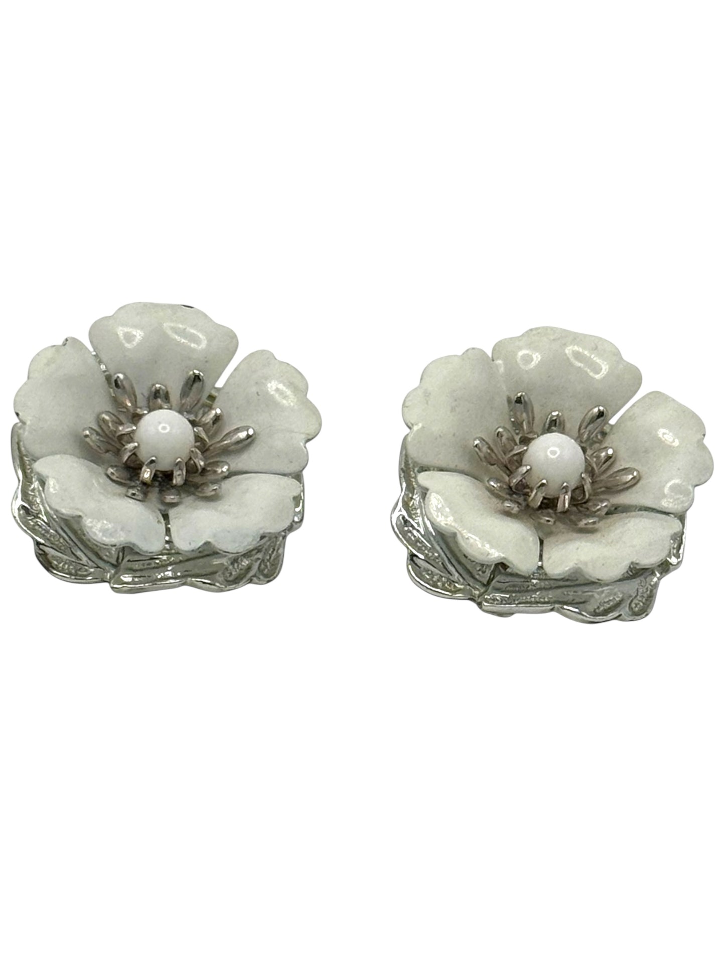 Vintage 1960s Sarah Coventry White Enamel 3D Flower Brooch & Clip-On Earrings Set – Signed