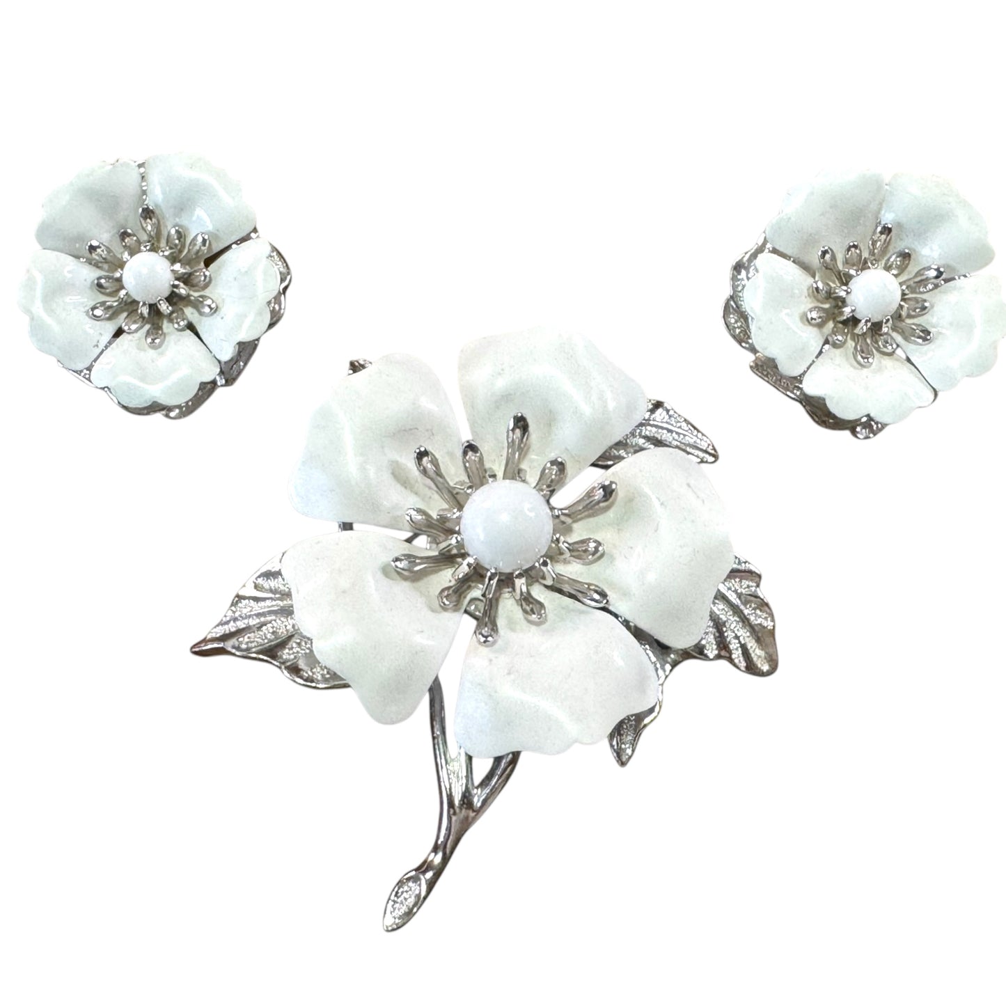 Vintage 1960s Sarah Coventry White Enamel 3D Flower Brooch & Clip-On Earrings Set – Signed