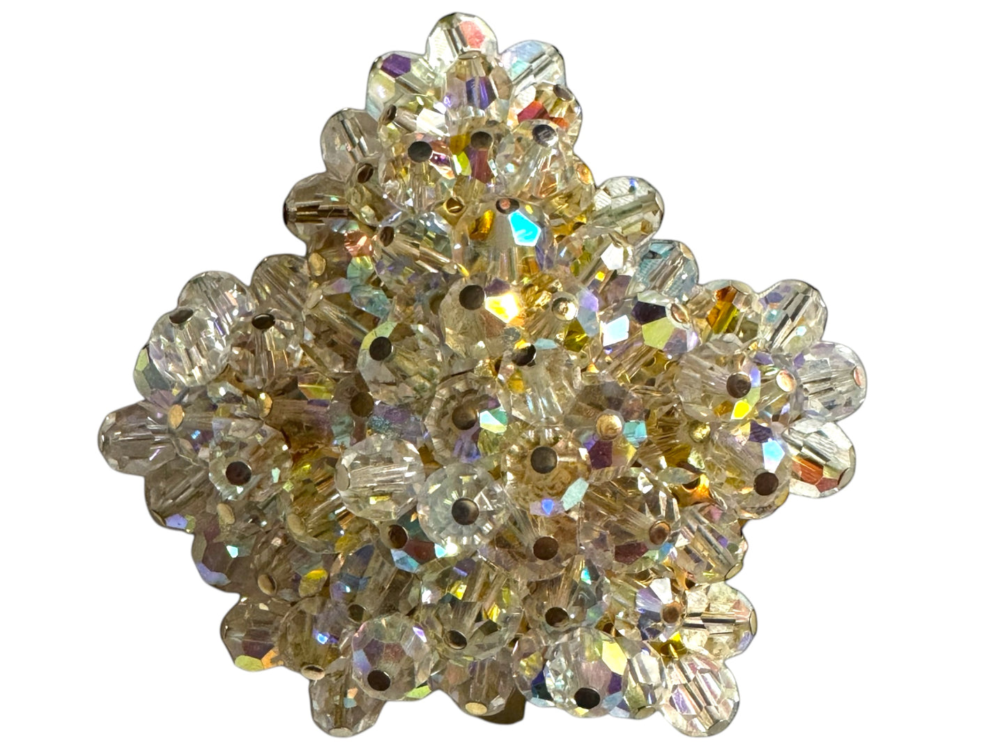 Vintage 1950s Aurora Borealis Crystal Maple Leaf Brooch – Gold-Tone Setting