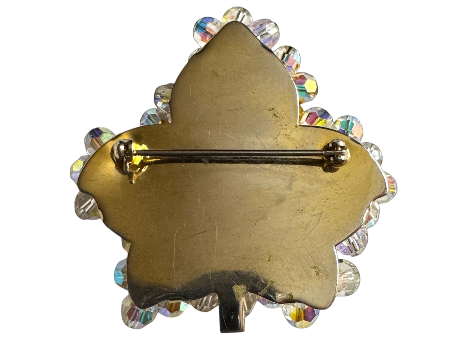 Vintage 1950s Aurora Borealis Crystal Maple Leaf Brooch – Gold-Tone Setting