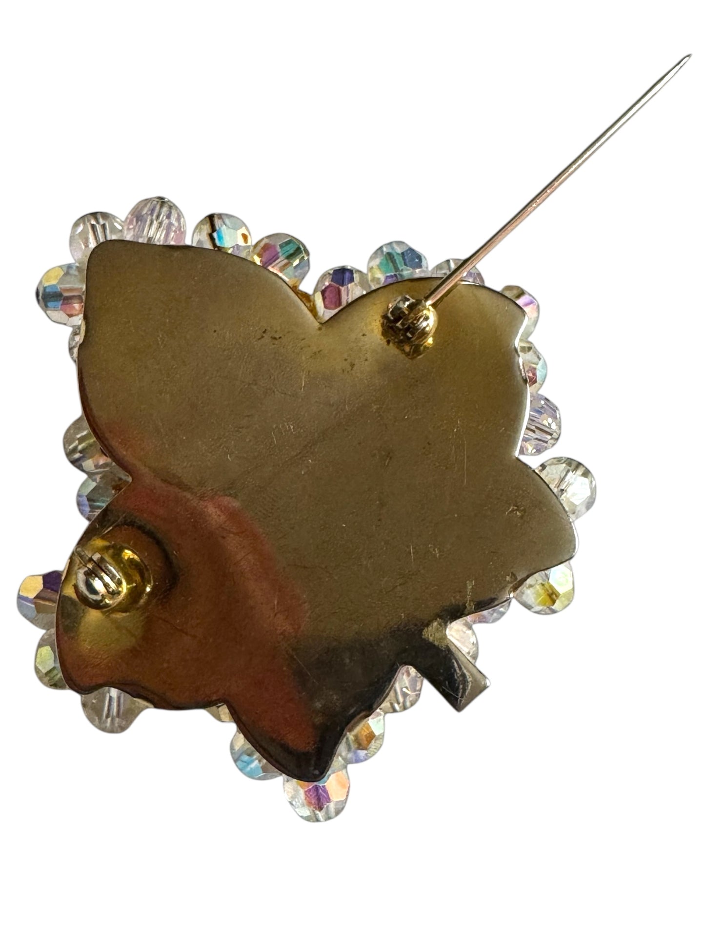 Vintage 1950s Aurora Borealis Crystal Maple Leaf Brooch – Gold-Tone Setting