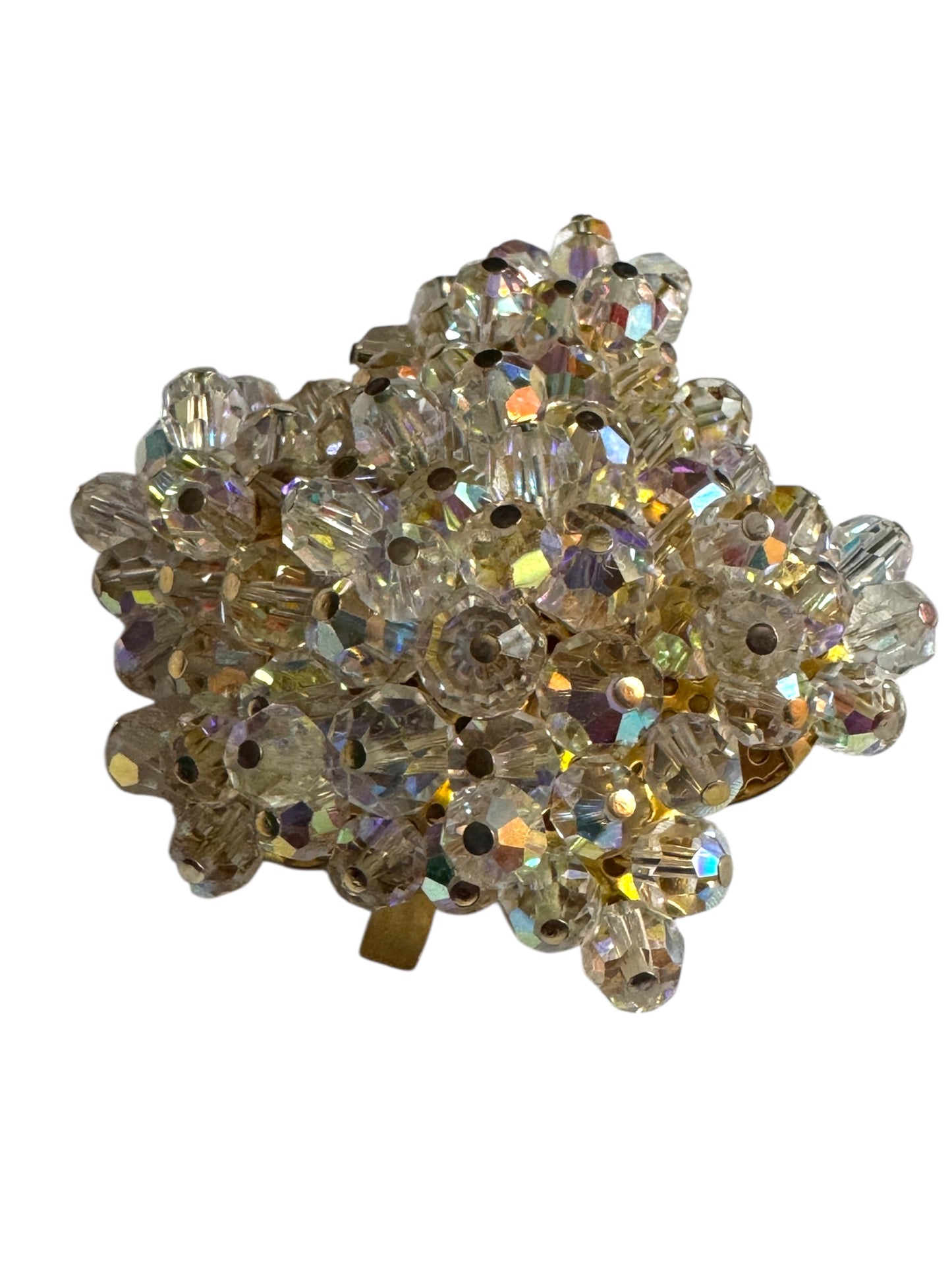 Vintage 1950s Aurora Borealis Crystal Maple Leaf Brooch – Gold-Tone Setting