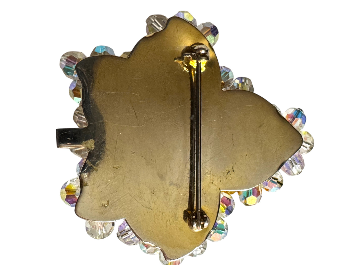 Vintage 1950s Aurora Borealis Crystal Maple Leaf Brooch – Gold-Tone Setting