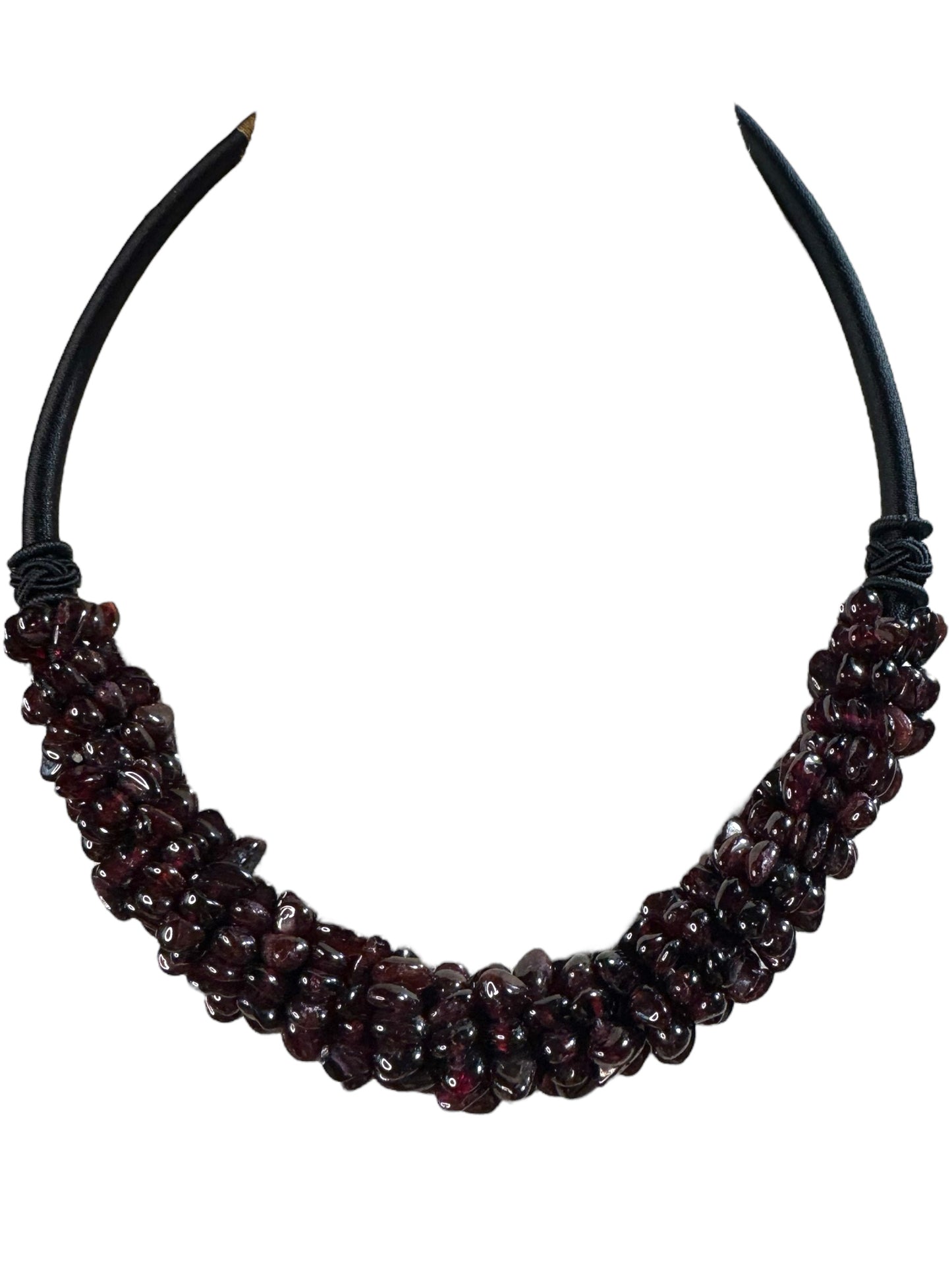 Natural Garnet Cabochon Choker Necklace with Silk Cord & Jadeite Bead Closure – 18” Adjustable