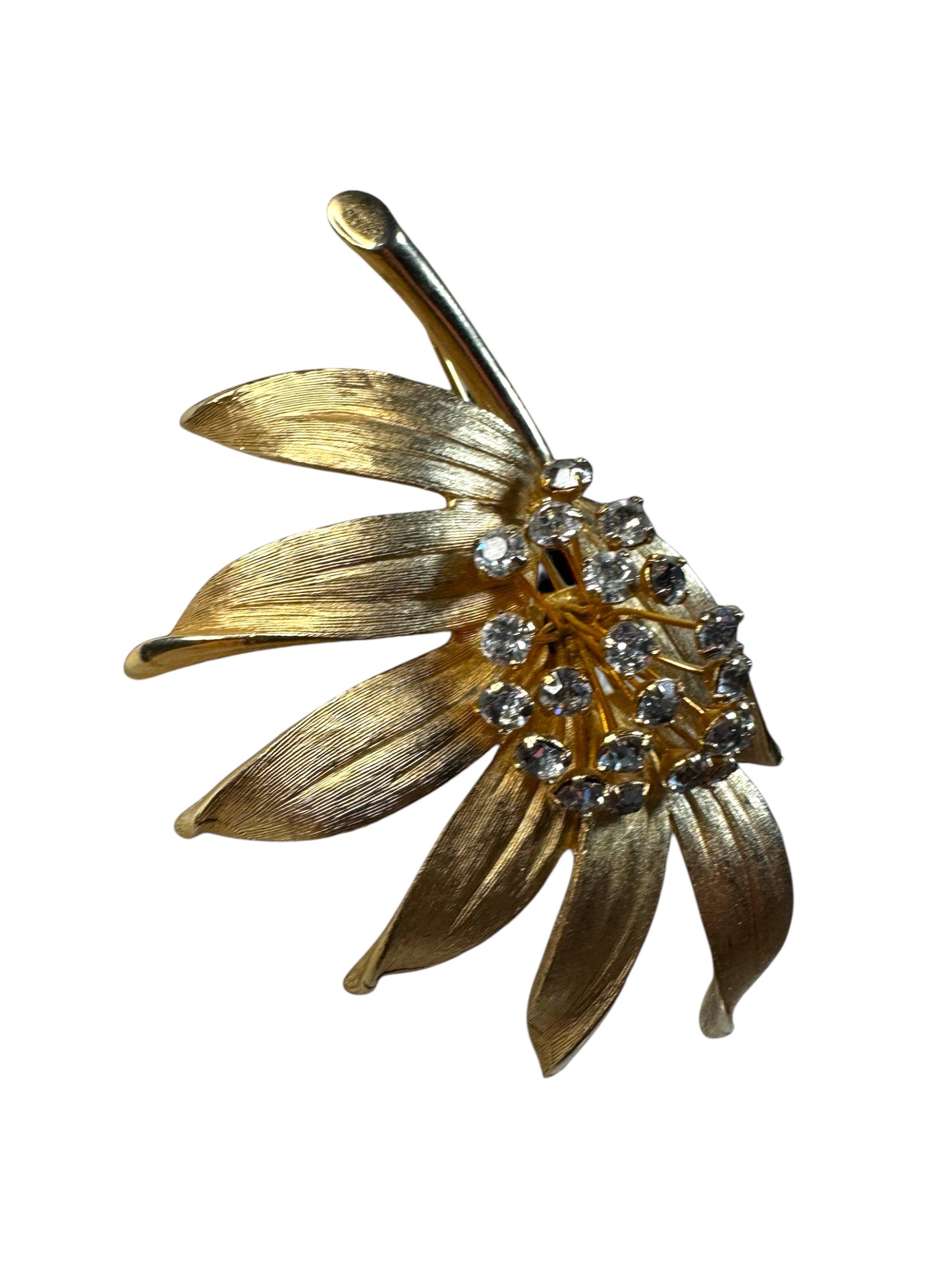 Vintage 1970s Crystal Rhinestone Flower Brooch – Gold-Bonded Statement Pin (Unsigned)