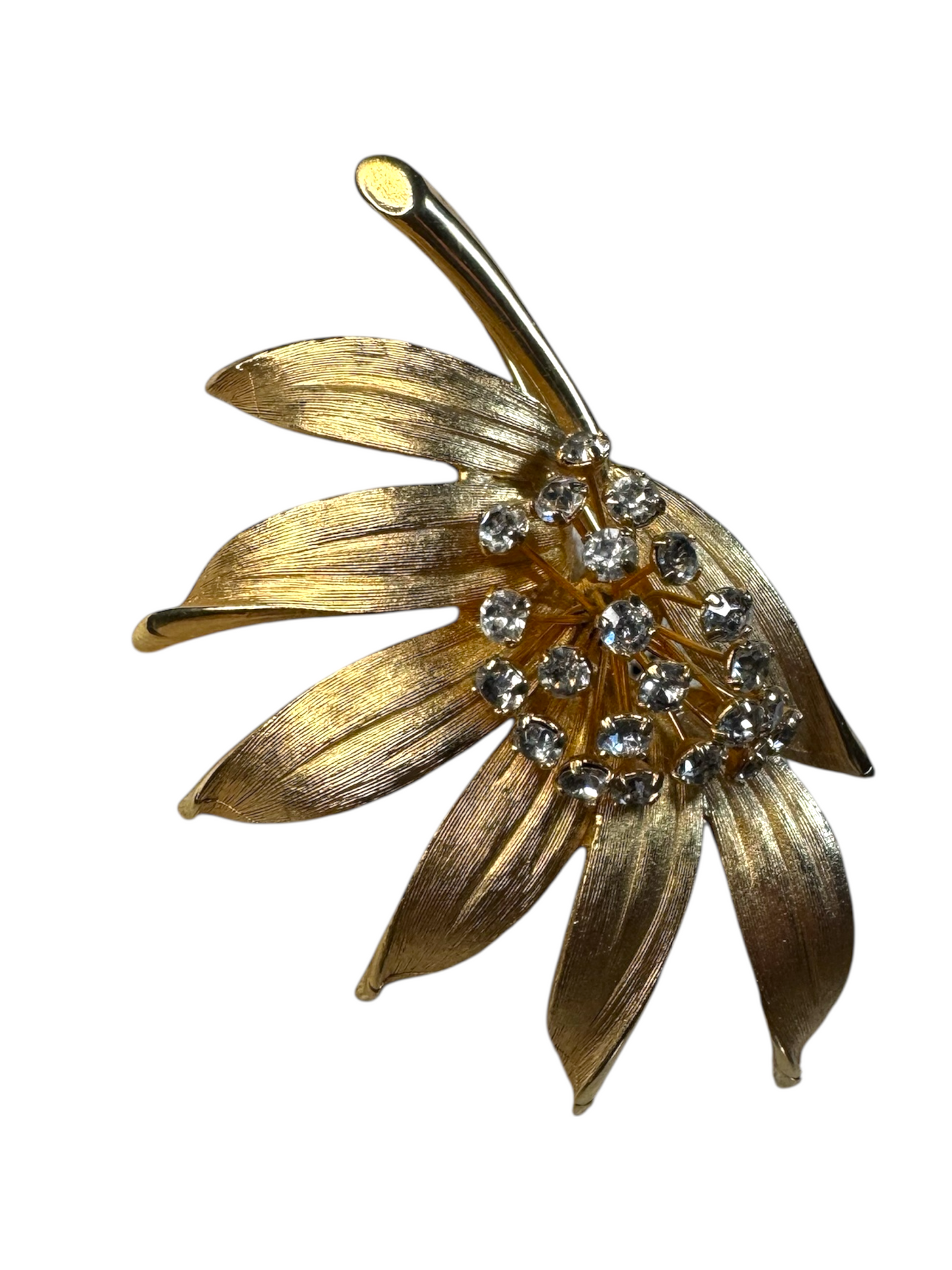 Vintage 1970s Crystal Rhinestone Flower Brooch – Gold-Bonded Statement Pin (Unsigned)