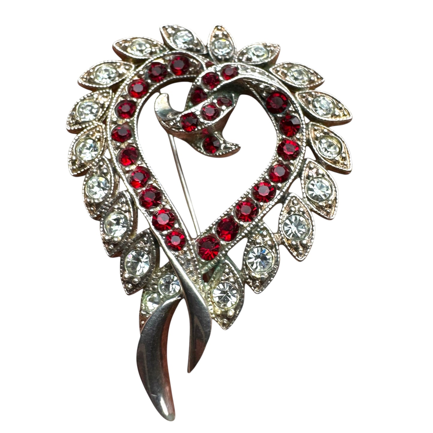 Vintage Heart Brooch Pendant – Ruby Red & Diamanté Rhinestones, Alfred Philippe Style (Unsigned Trifari)