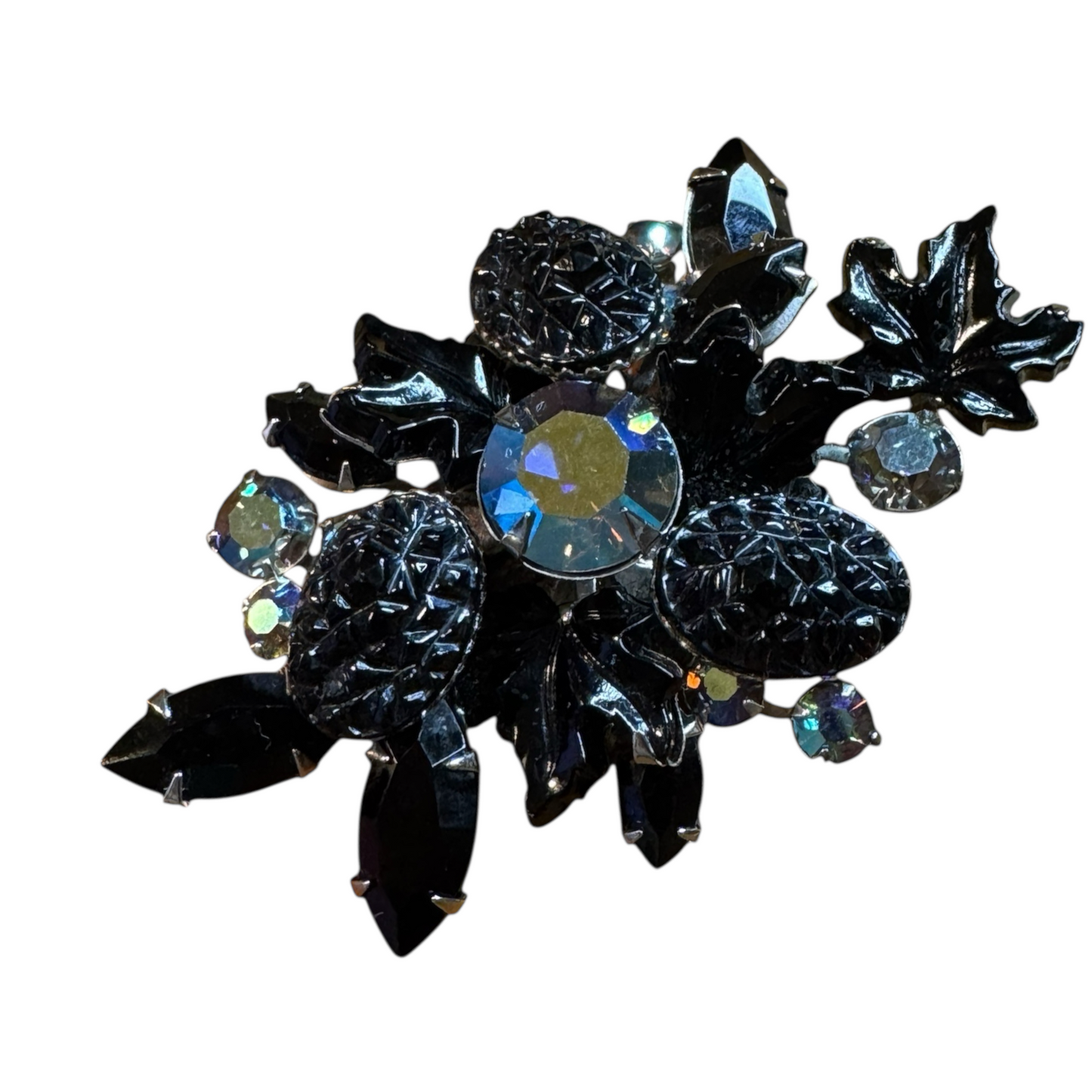 Vintage 1960s Judy Lee Maple Leaf Brooch – Mulberry Black Lava Glass & Aurora Borealis Rhinestones