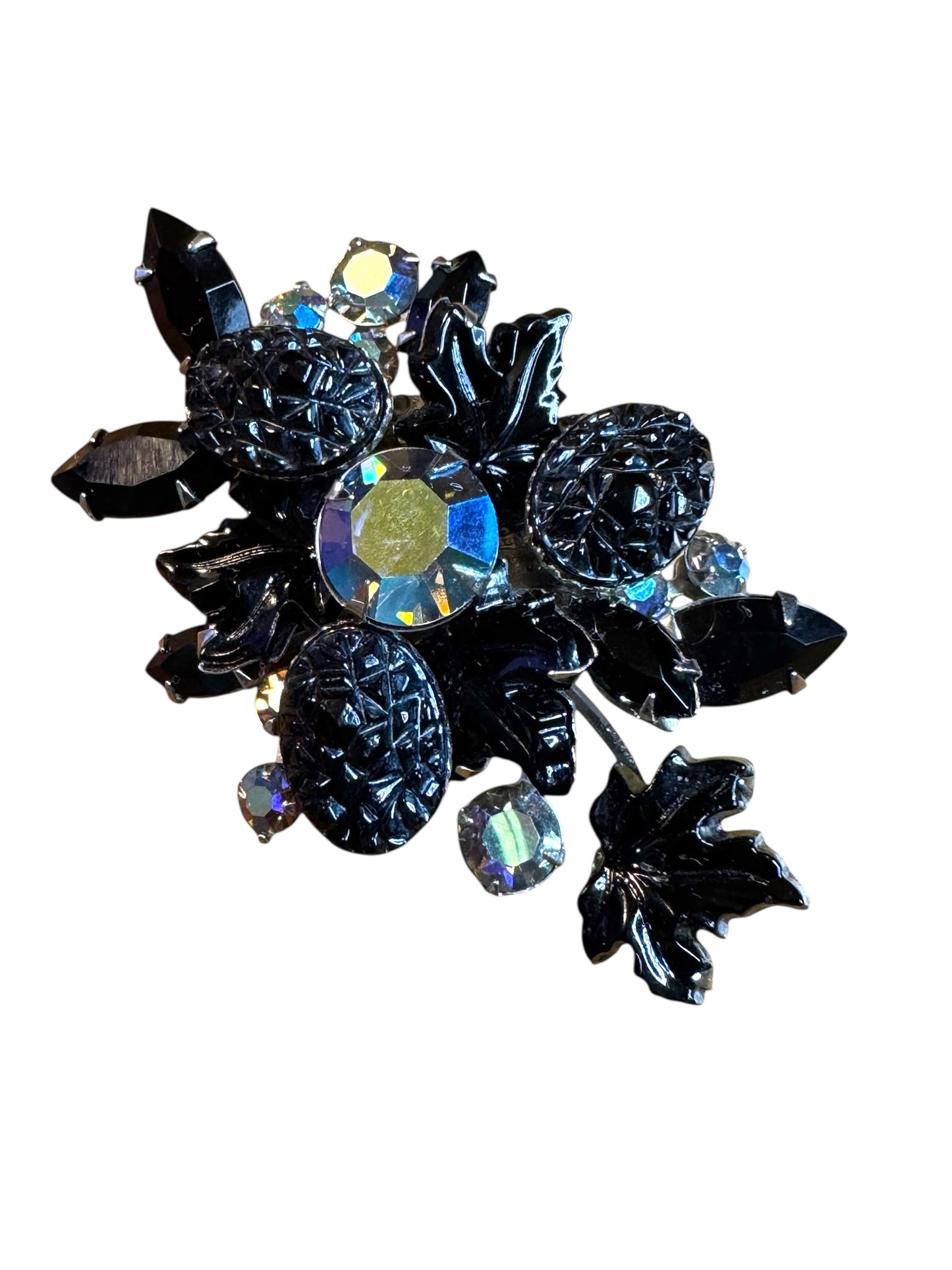 Vintage 1960s Judy Lee Maple Leaf Brooch – Mulberry Black Lava Glass & Aurora Borealis Rhinestones