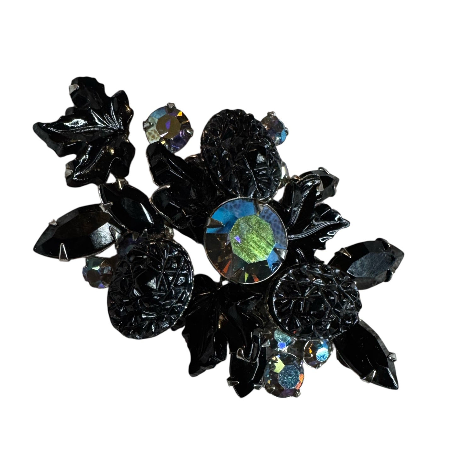 Vintage 1960s Judy Lee Maple Leaf Brooch – Mulberry Black Lava Glass & Aurora Borealis Rhinestones