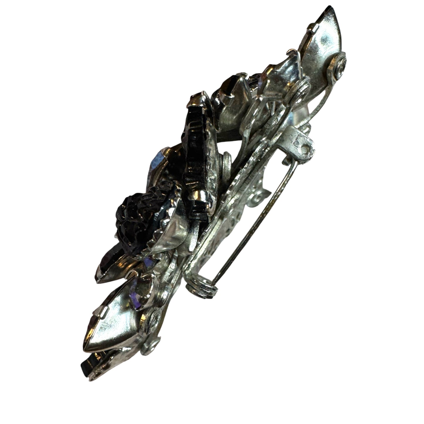 Vintage 1960s Judy Lee Maple Leaf Brooch – Mulberry Black Lava Glass & Aurora Borealis Rhinestones