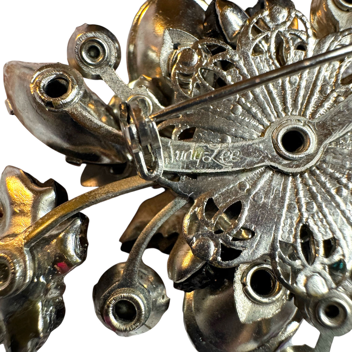 Vintage 1960s Judy Lee Maple Leaf Brooch – Mulberry Black Lava Glass & Aurora Borealis Rhinestones