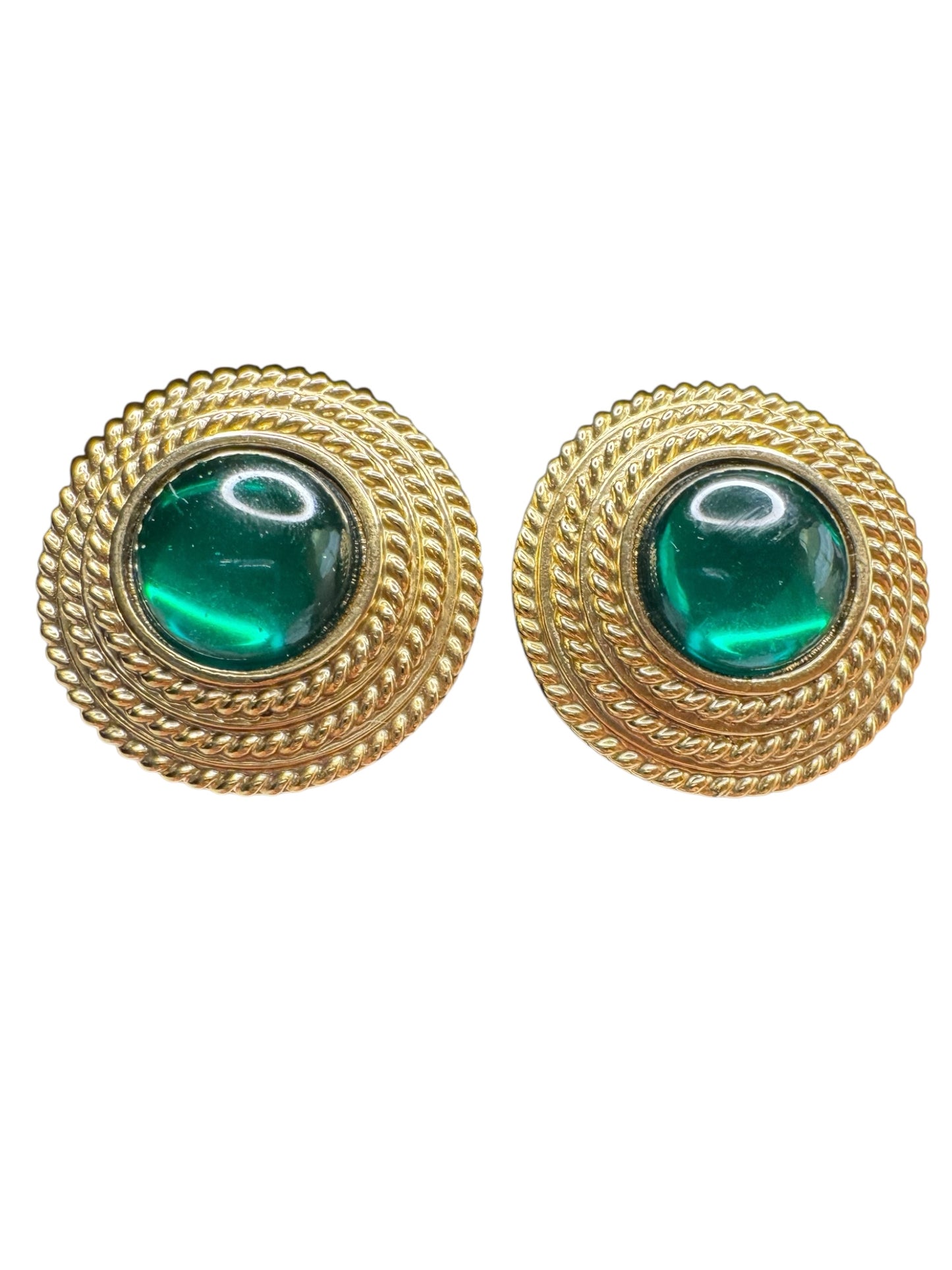 Vintage Joan Rivers Clip-On Earrings – Chunky Gold-Tone Braided Button with Green Cabochon