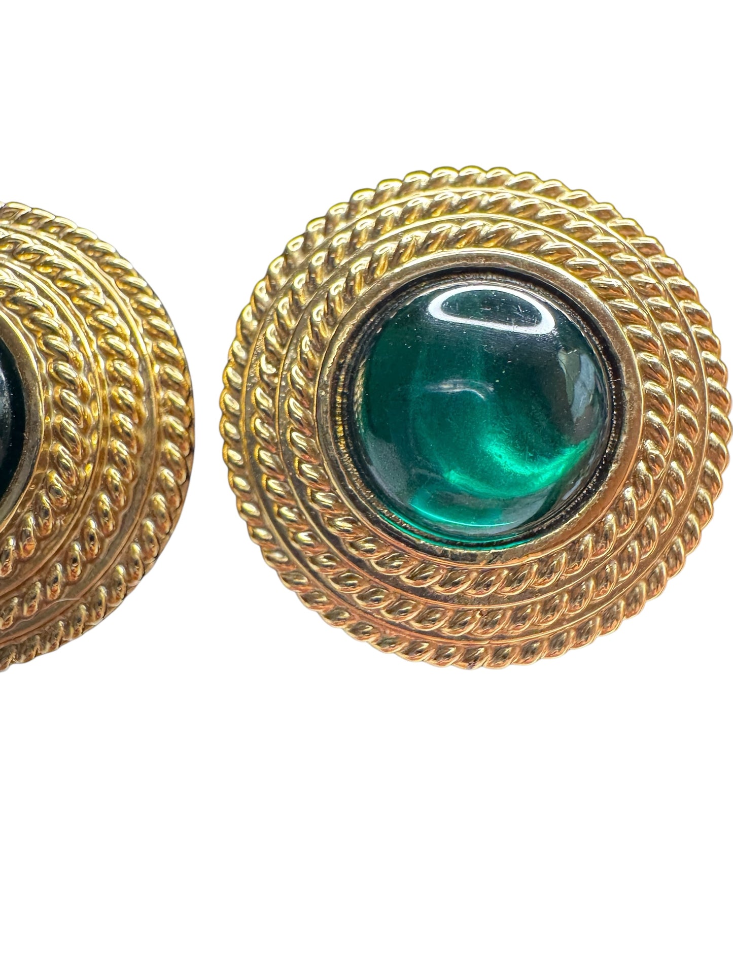 Vintage Joan Rivers Clip-On Earrings – Chunky Gold-Tone Braided Button with Green Cabochon