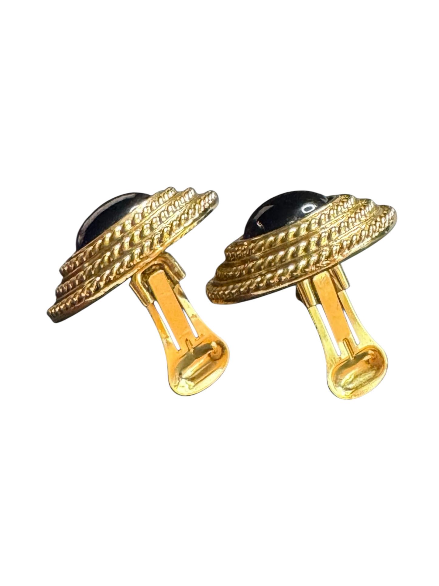 Vintage Joan Rivers Clip-On Earrings – Chunky Gold-Tone Braided Button with Cobalt Blue Cabochon