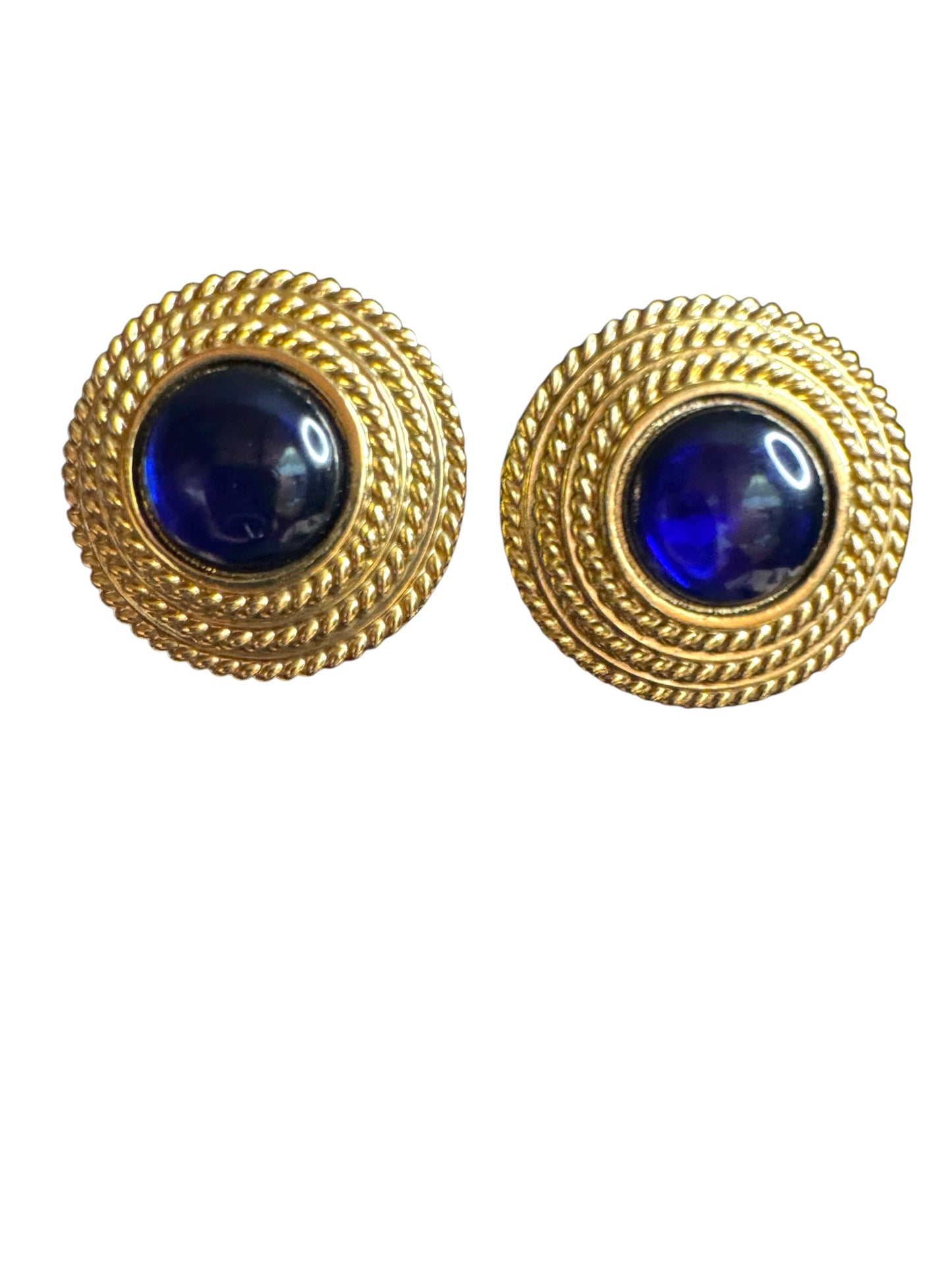 Vintage Joan Rivers Clip-On Earrings – Chunky Gold-Tone Braided Button with Cobalt Blue Cabochon