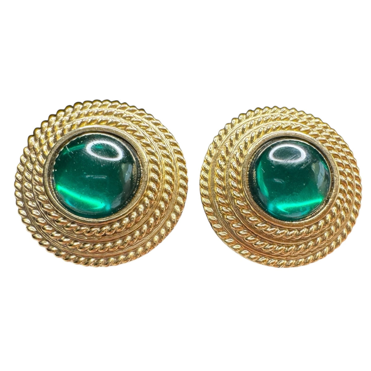Vintage Joan Rivers Clip-On Earrings – Chunky Gold-Tone Braided Button with Green Cabochon