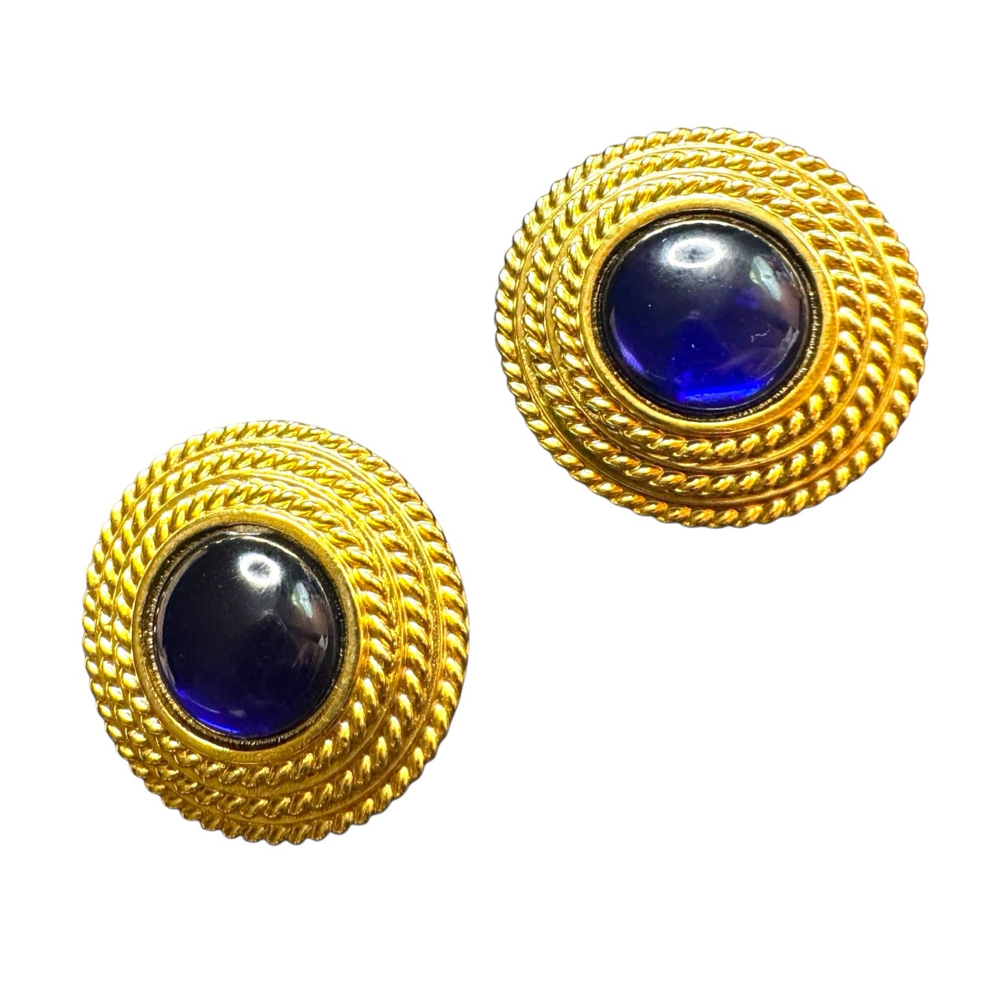 Vintage Joan Rivers Clip-On Earrings – Chunky Gold-Tone Braided Button with Cobalt Blue Cabochon