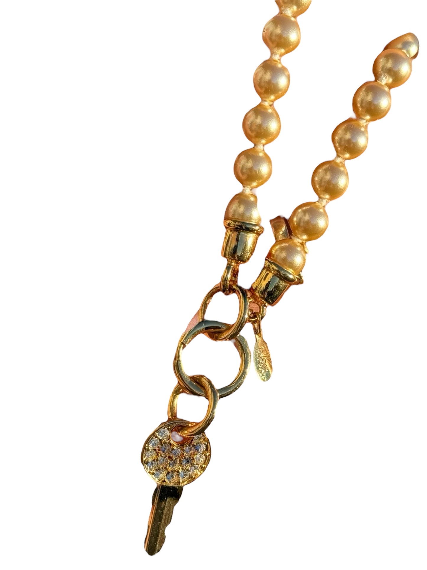 Vintage 1990s Joan Rivers Faux Pearl Charm Bracelet – Gold-Tone Rhinestone Key Pendant