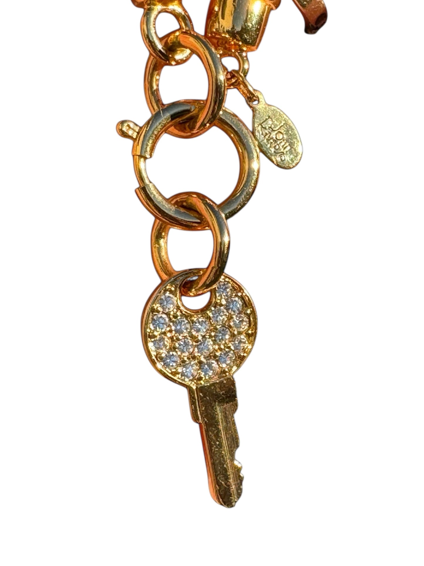 Vintage 1990s Joan Rivers Faux Pearl Charm Bracelet – Gold-Tone Rhinestone Key Pendant