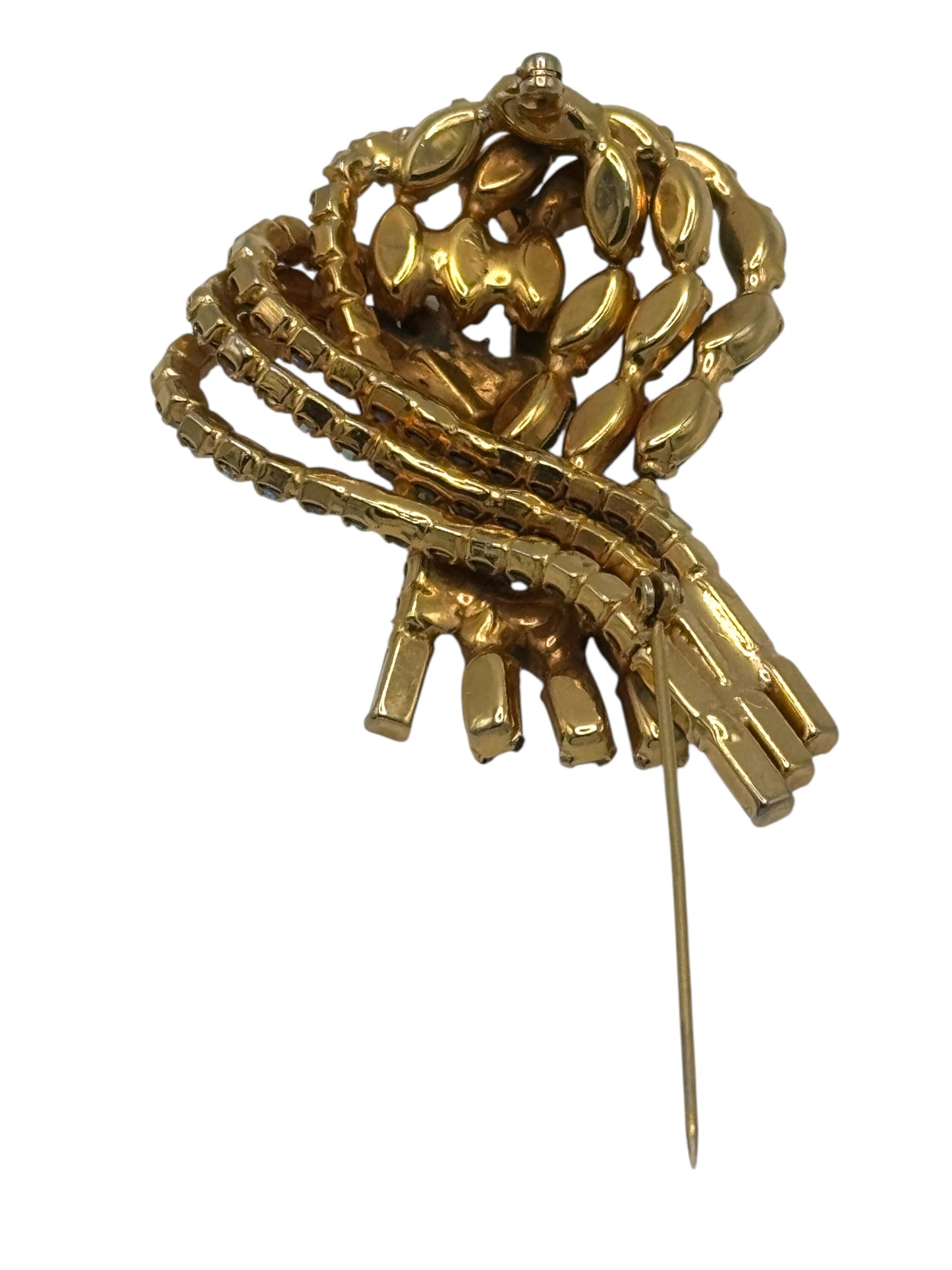 Mid-Century Emerald & Aurora Borealis Rhinestone Swirl Brooch – Unsigned Hobé Style