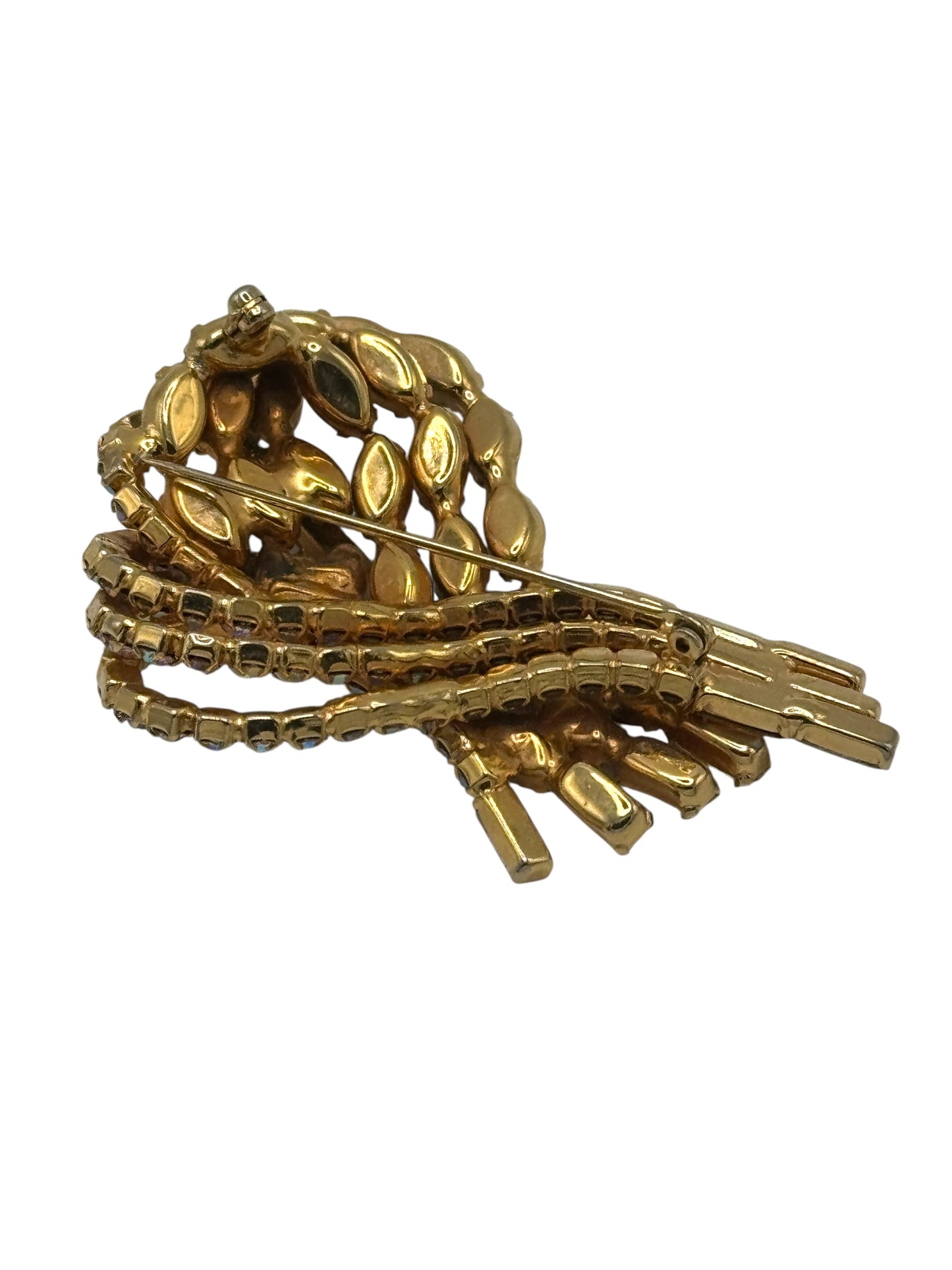 Mid-Century Emerald & Aurora Borealis Rhinestone Swirl Brooch – Unsigned Hobé Style