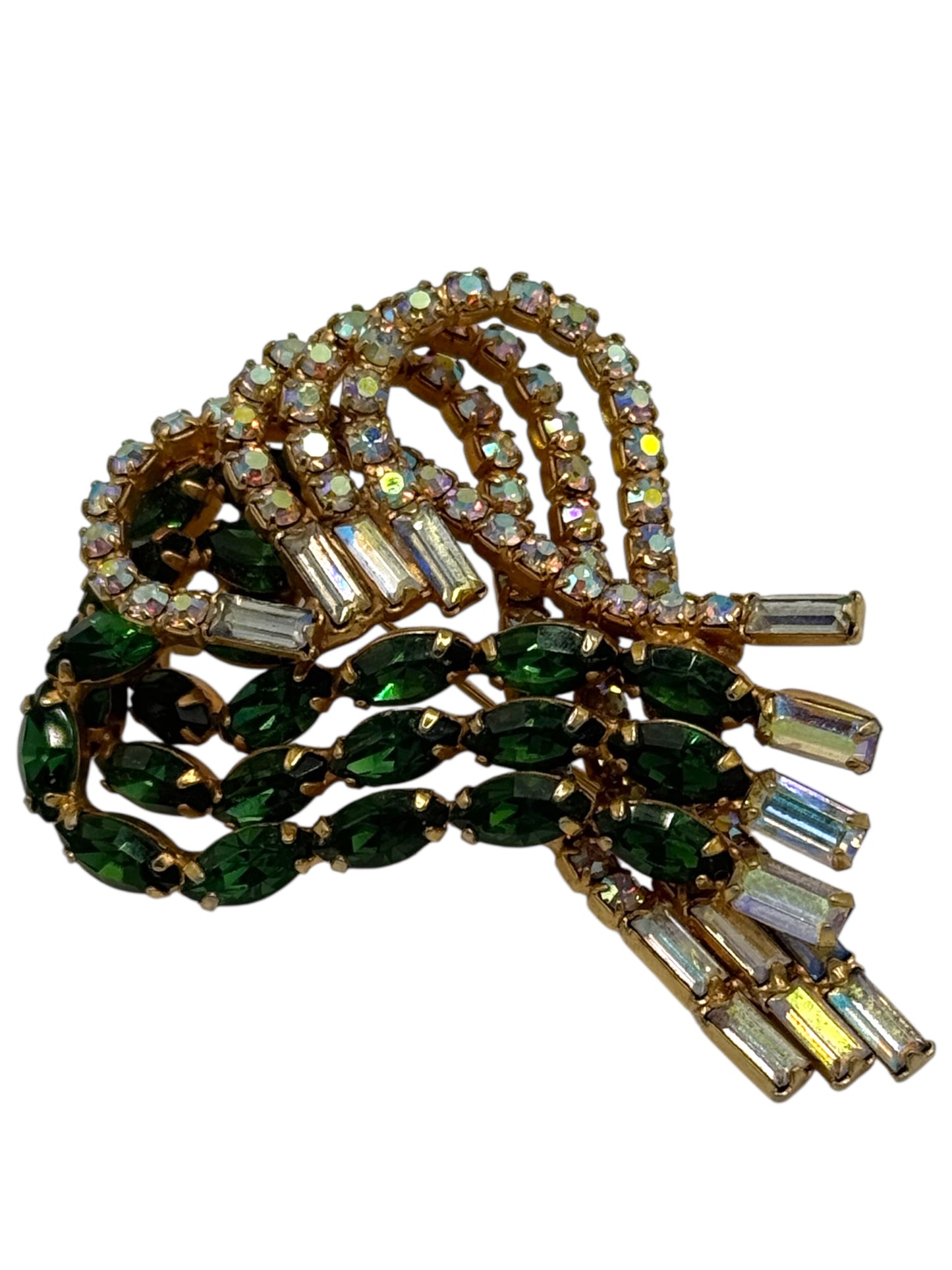 Mid-Century Emerald & Aurora Borealis Rhinestone Swirl Brooch – Unsigned Hobé Style