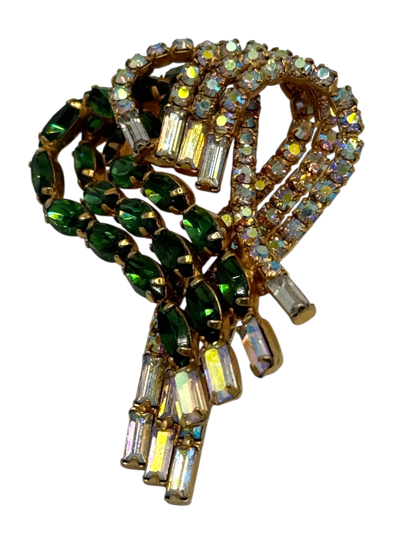 Mid-Century Emerald & Aurora Borealis Rhinestone Swirl Brooch – Unsigned Hobé Style