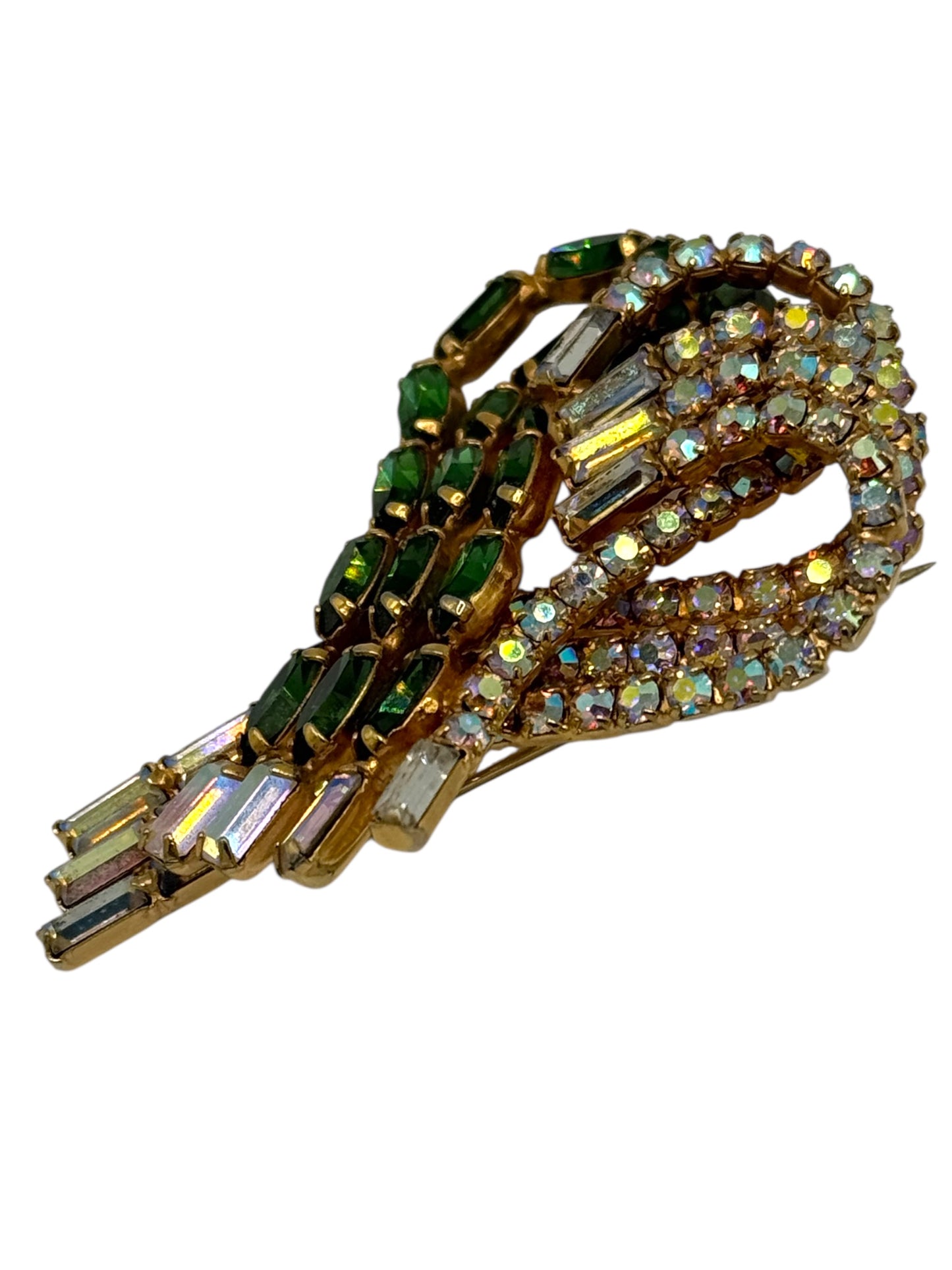 Mid-Century Emerald & Aurora Borealis Rhinestone Swirl Brooch – Unsigned Hobé Style