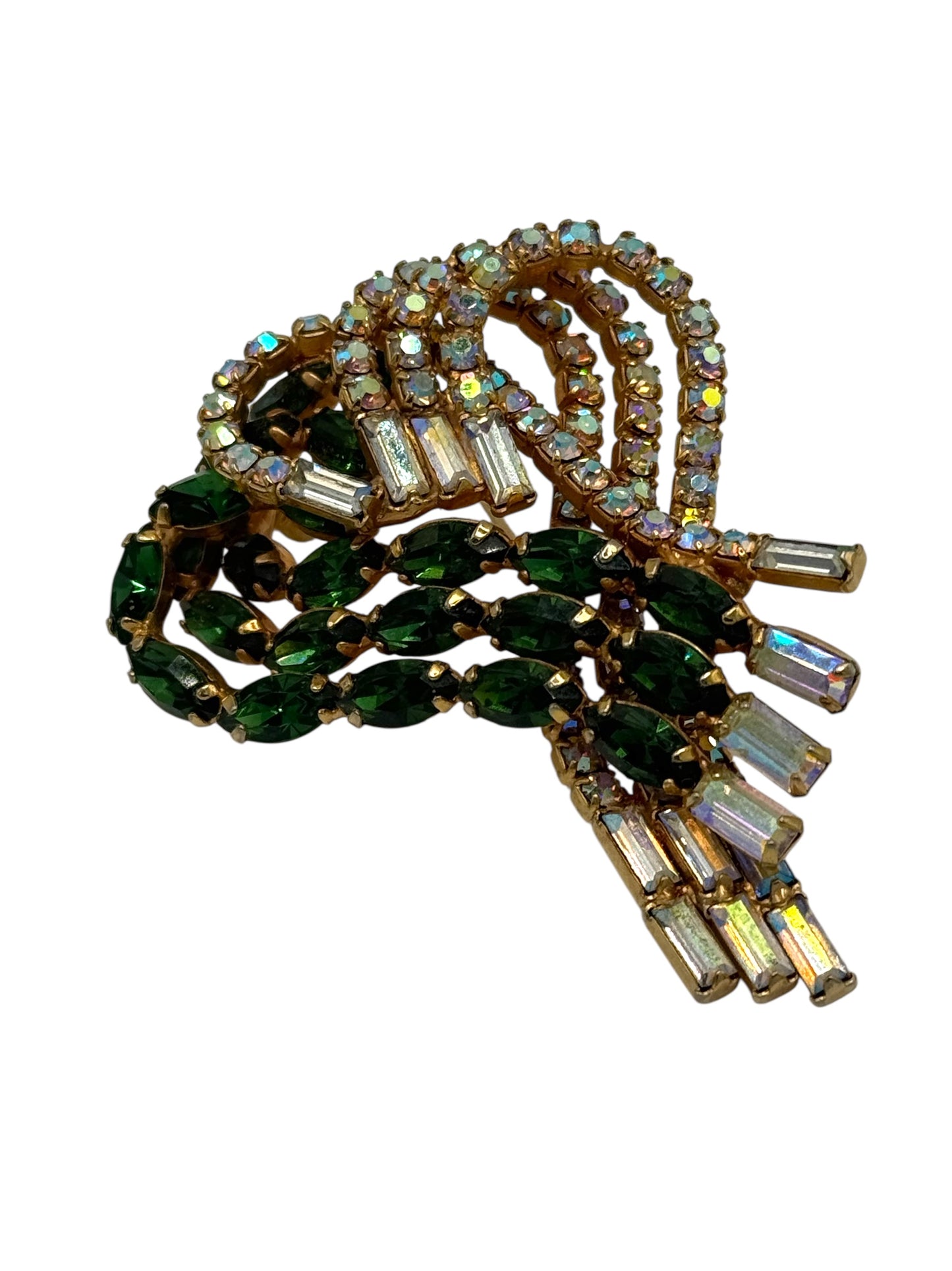 Mid-Century Emerald & Aurora Borealis Rhinestone Swirl Brooch – Unsigned Hobé Style