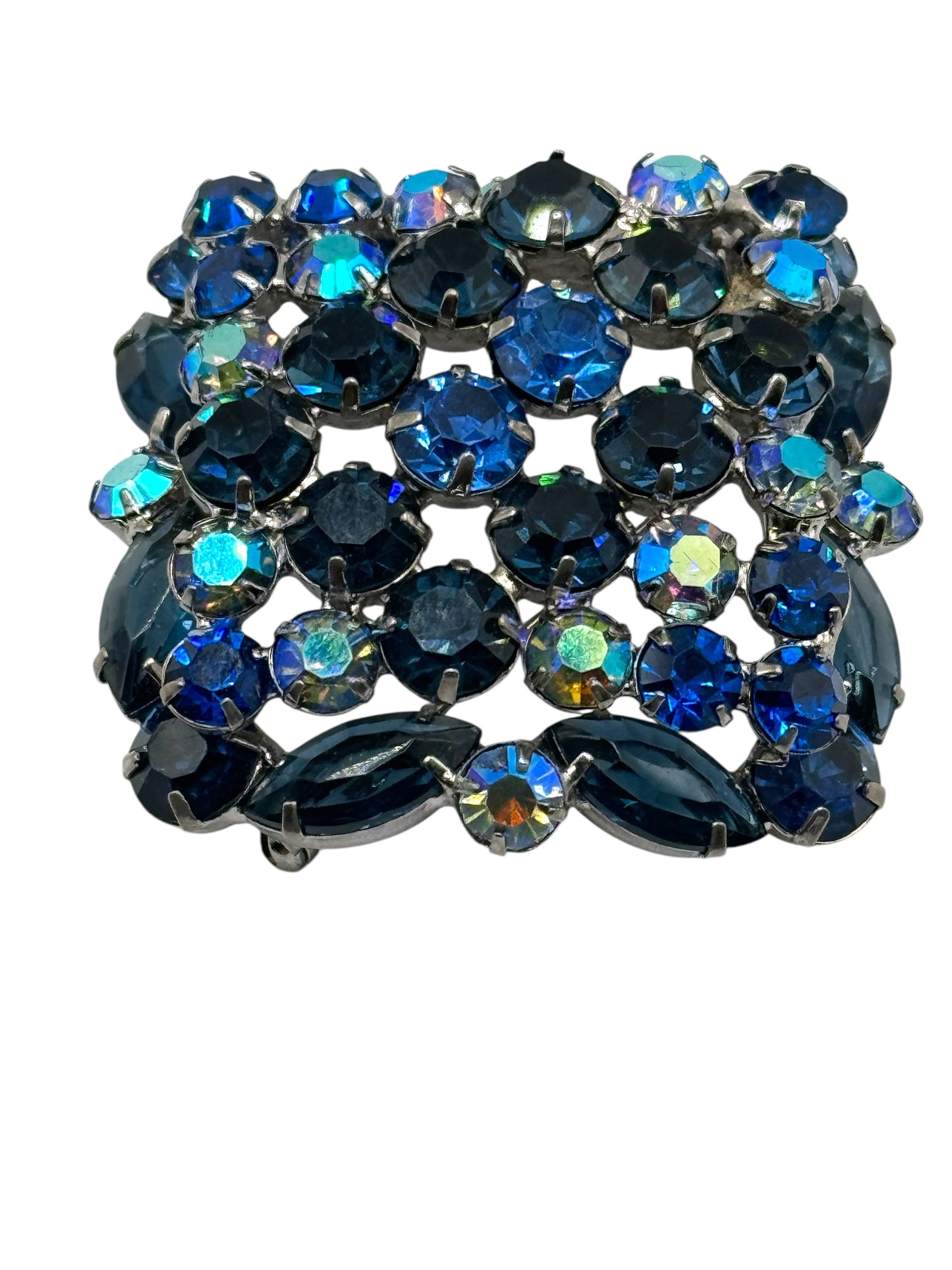 Vintage 1960s Sapphire Blue Aurora Borealis Domed Rhinestone Brooch | Layered Mid-Century Statement Jewelry