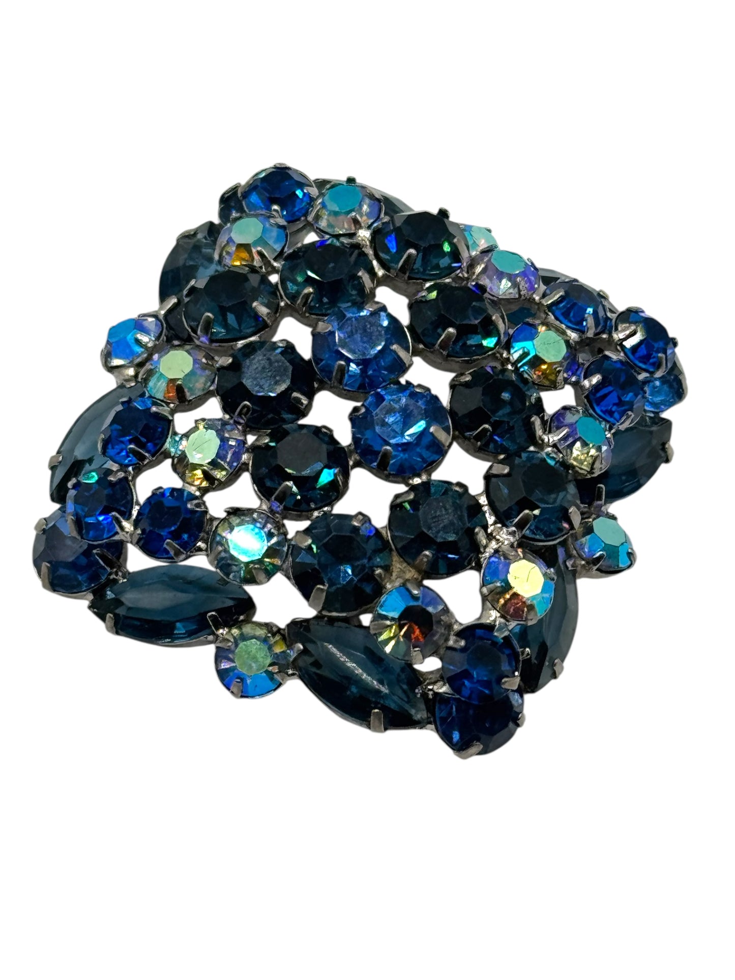 Vintage 1960s Sapphire Blue Aurora Borealis Domed Rhinestone Brooch | Layered Mid-Century Statement Jewelry