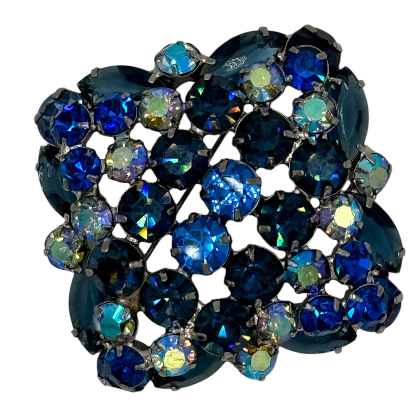 Vintage 1960s Sapphire Blue Aurora Borealis Domed Rhinestone Brooch | Layered Mid-Century Statement Jewelry