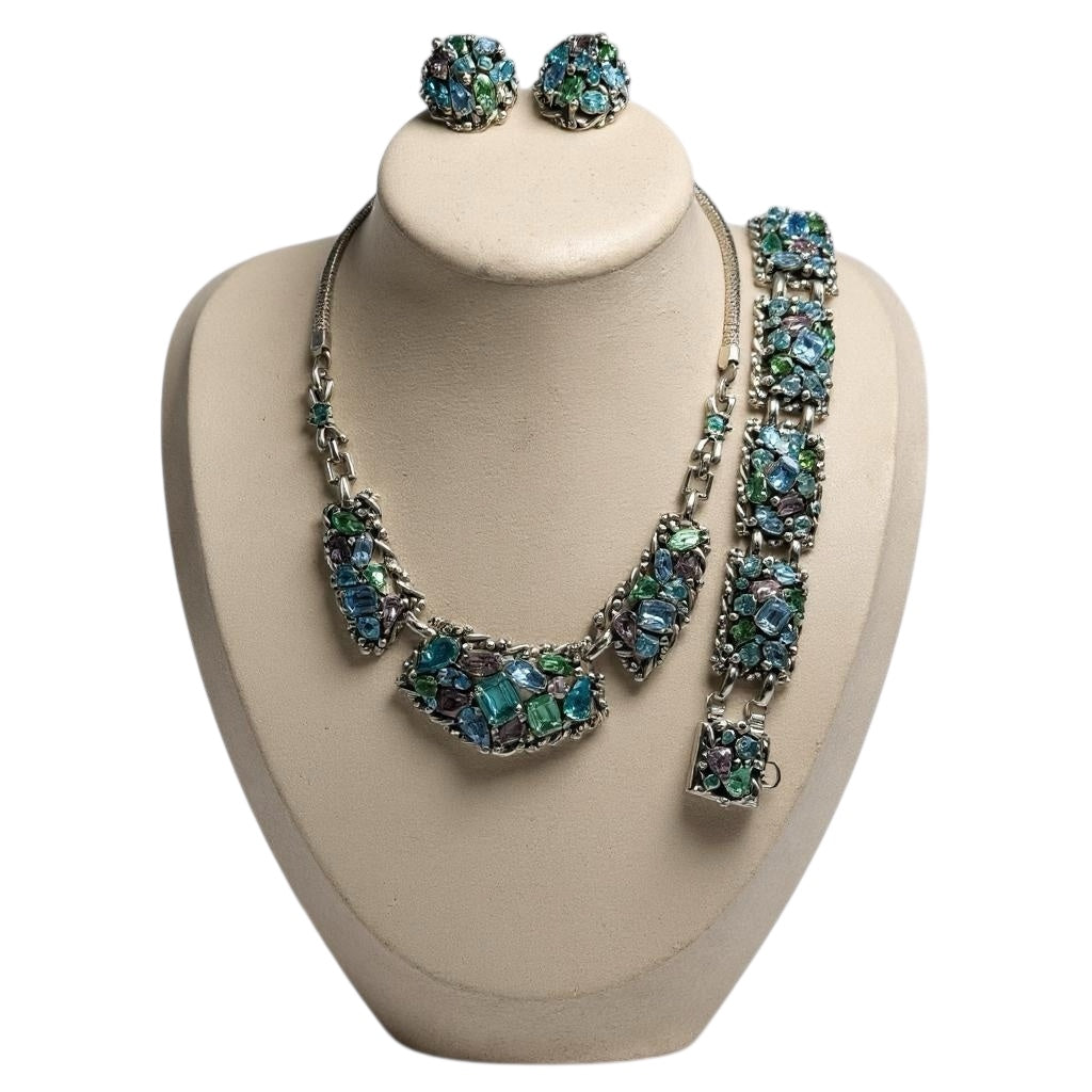 Vintage Signed Barclay Uranium Rhinestone Parure – Hollywood Regency Necklace, Bracelet & Earrings Set