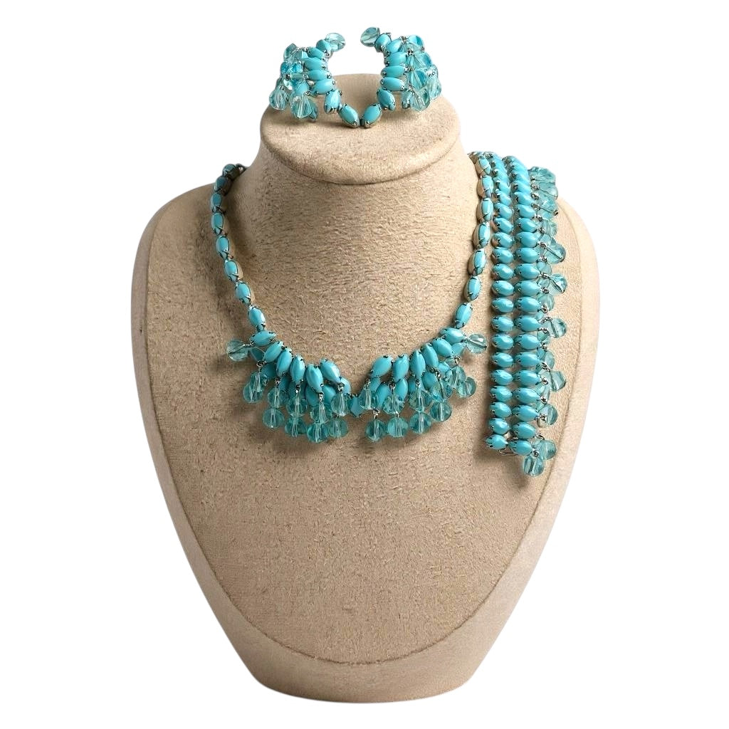 Vintage 1950s Signed Weiss Aqua Opaline Rhinestone Parure – Necklace, Bracelet & Earrings Set