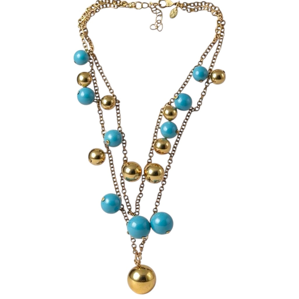 Signed KJL turquoise and gold tone orb necklace – bold double strand statement