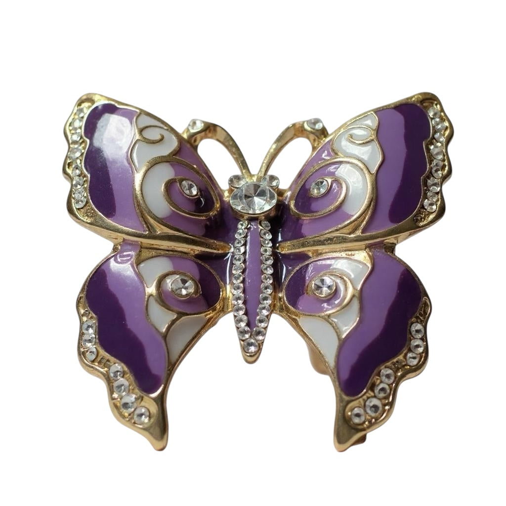 Vintage Sarah Coventry purple enamel butterfly brooch – rhinestone figural insect pin, 1970s–1980s