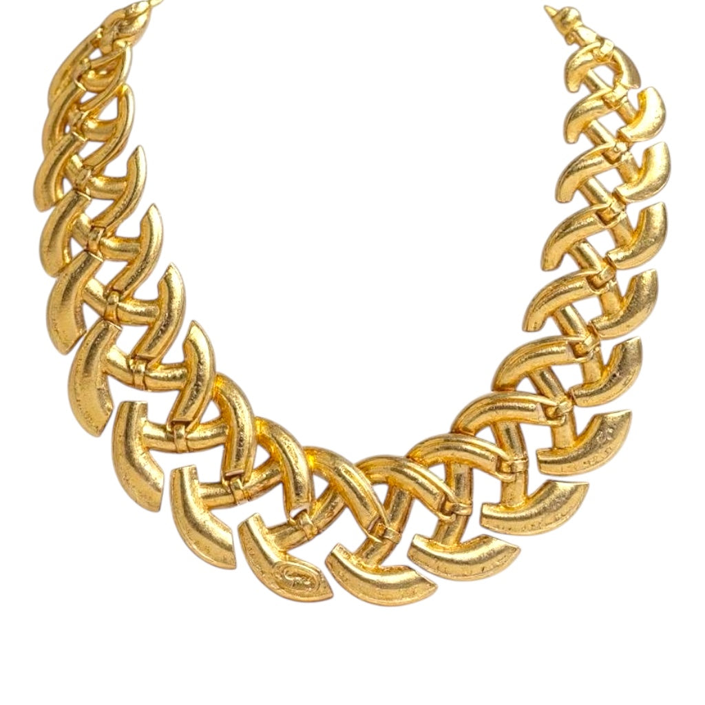 Vintage Napier patent pending articulated link necklace – chunky woven gold tone collar, 1950s–1960s statement jewelry