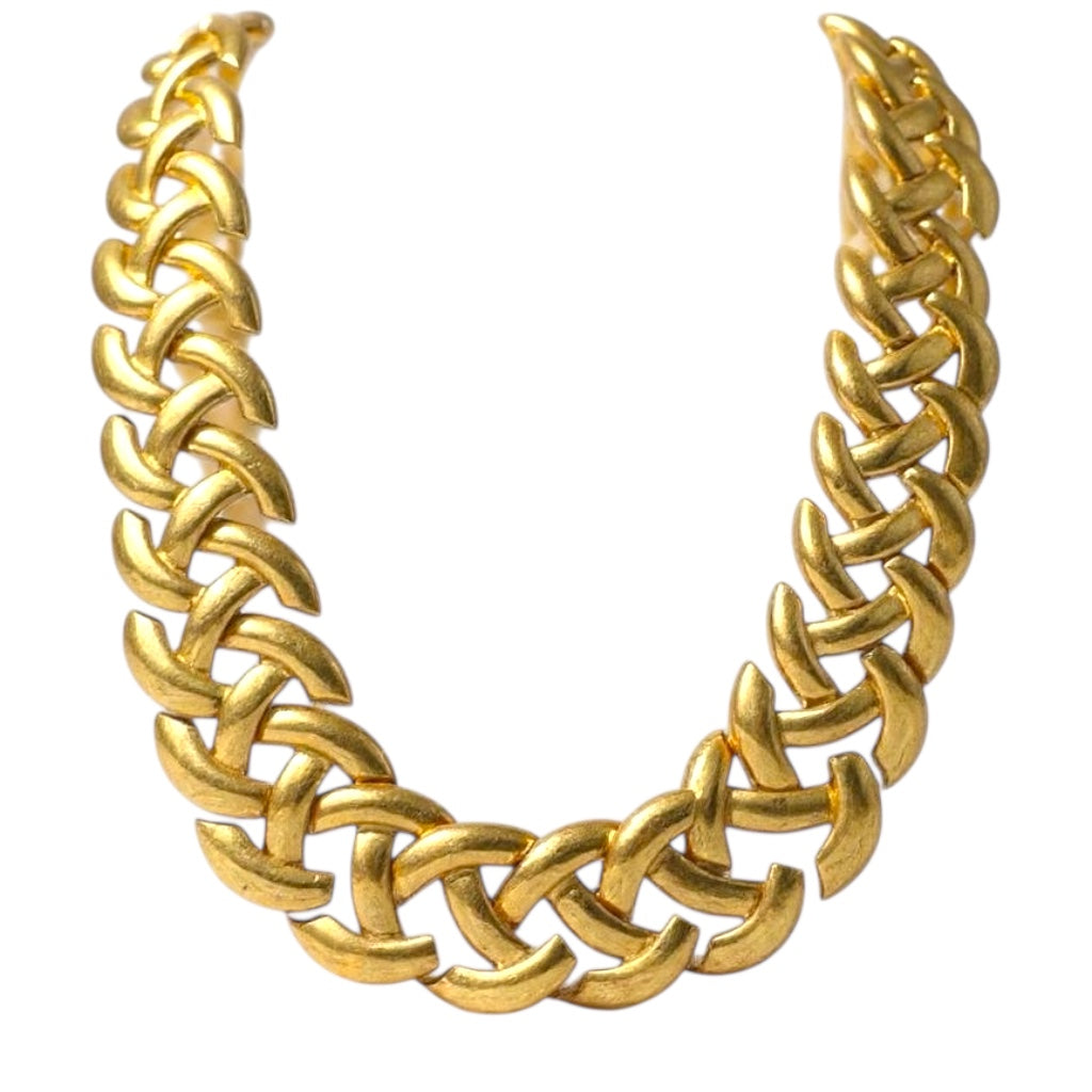 Vintage Napier patent pending articulated link necklace – chunky woven gold tone collar, 1950s–1960s statement jewelry
