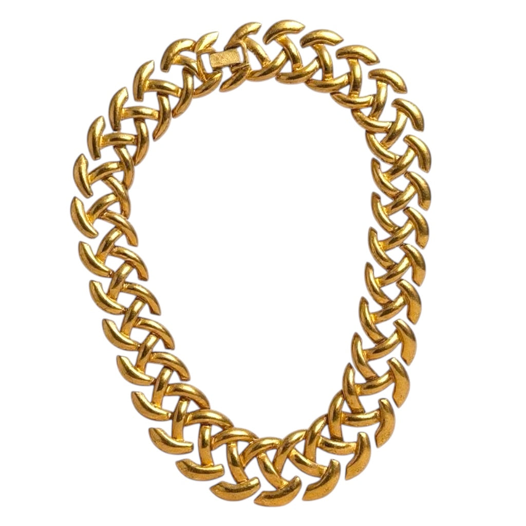 Vintage Napier patent pending articulated link necklace – chunky woven gold tone collar, 1950s–1960s statement jewelry
