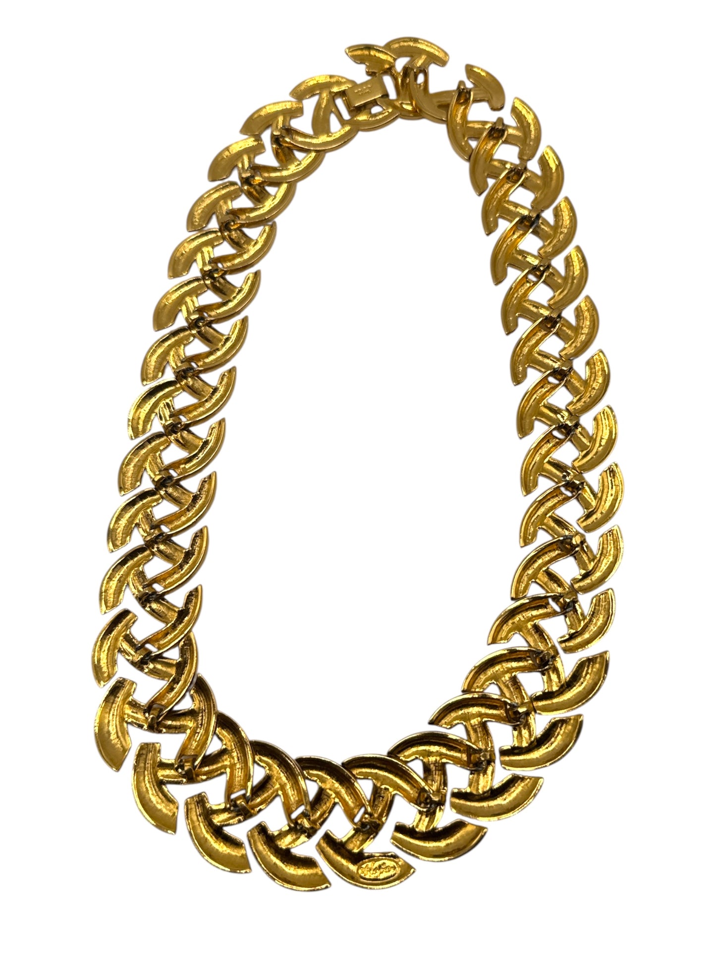 Vintage Napier patent pending articulated link necklace – chunky woven gold tone collar, 1950s–1960s statement jewelry