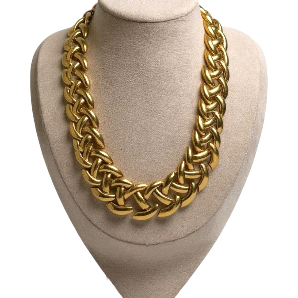 Vintage Napier patent pending articulated link necklace – chunky woven gold tone collar, 1950s–1960s statement jewelry
