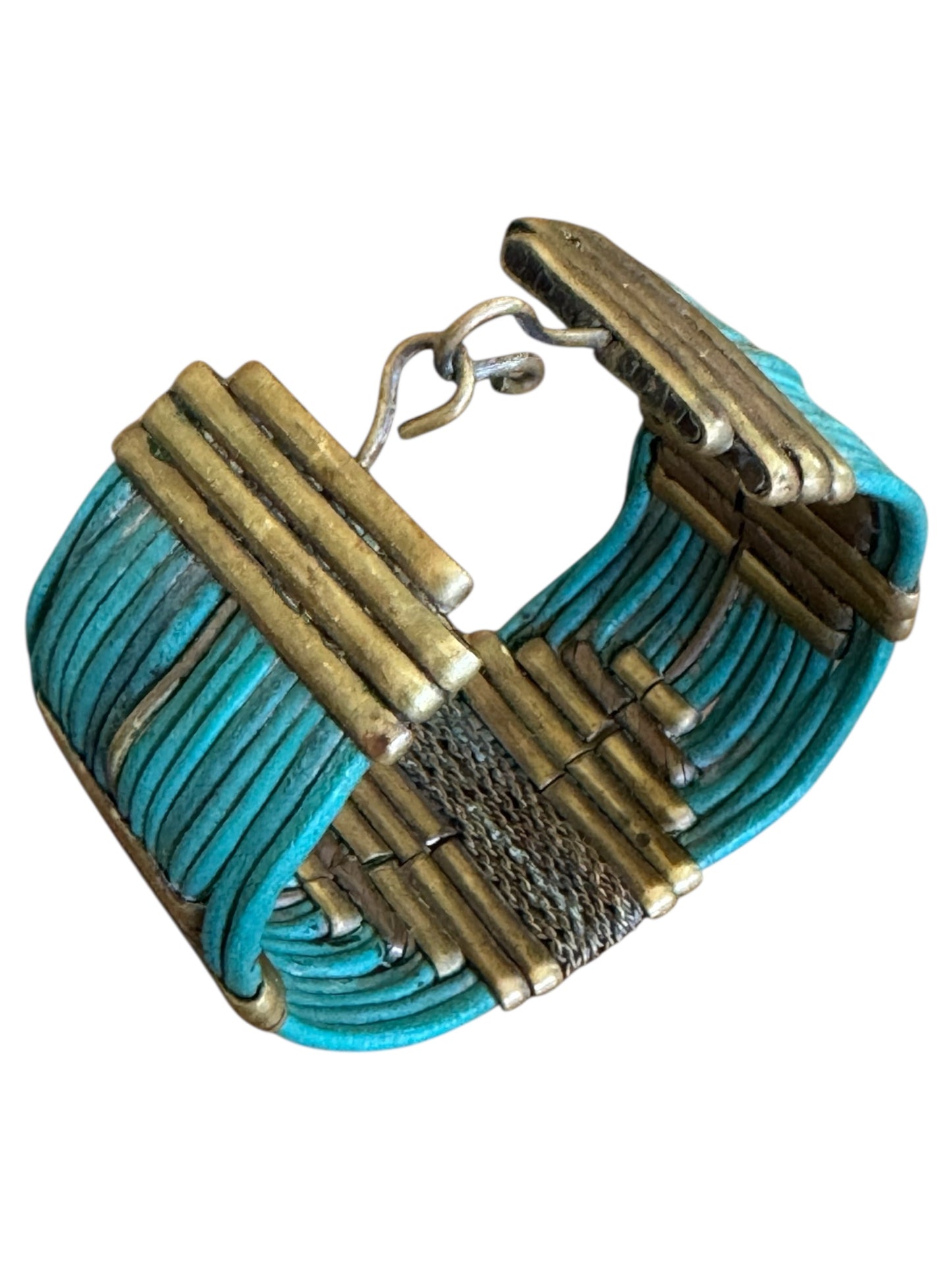 Vintage Alexis Kirk leather and brass jewelry set – statement choker, cuff, and earrings, rare 1980s collectible