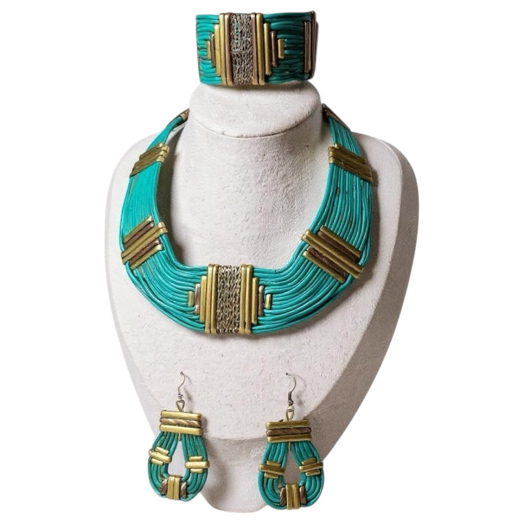 Vintage Alexis Kirk leather and brass jewelry set – statement choker, cuff, and earrings, rare 1980s collectible