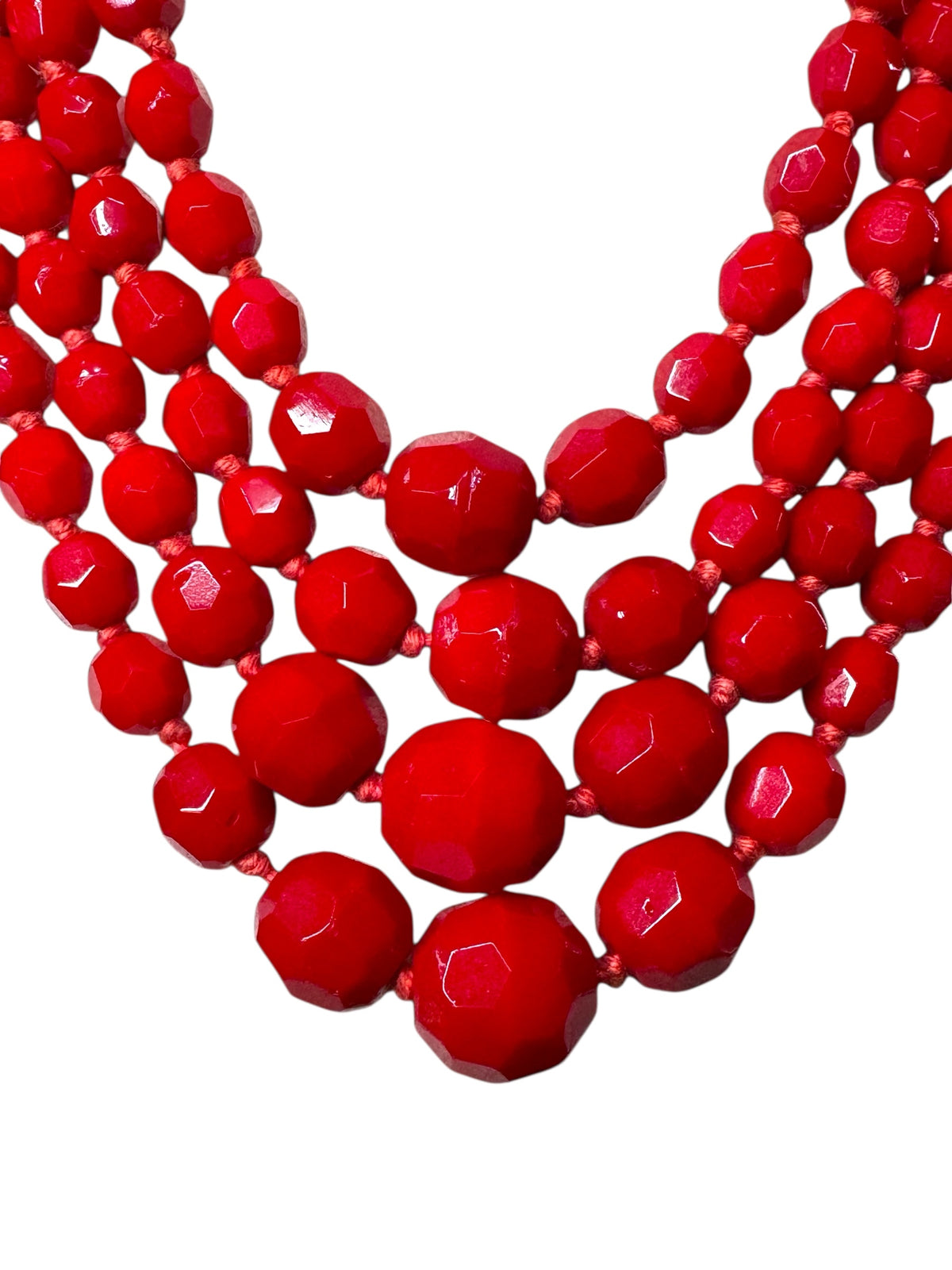Vintage Made in Germany Four-Strand Red Faceted Glass Bead Necklace – Graduated Mid-Century Statement Jewelry