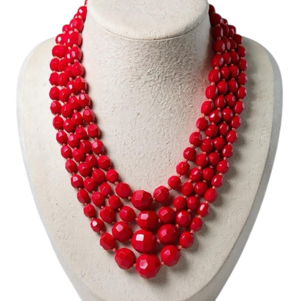 Vintage Made in Germany Four-Strand Red Faceted Glass Bead Necklace – Graduated Mid-Century Statement Jewelry