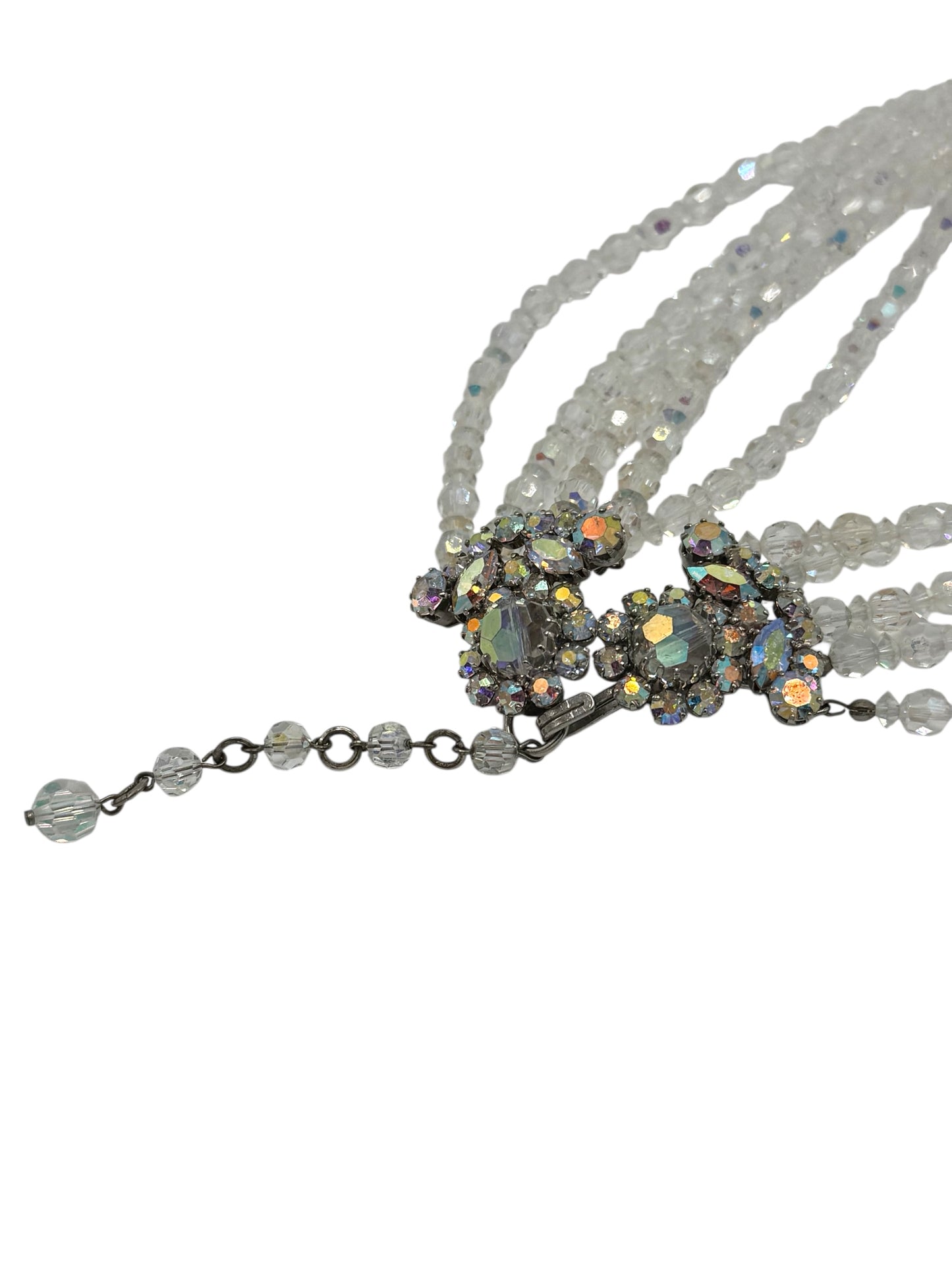 Vintage five-strand aurora borealis crystal necklace – signed made in Austria, dazzling mid-century statement jewelry